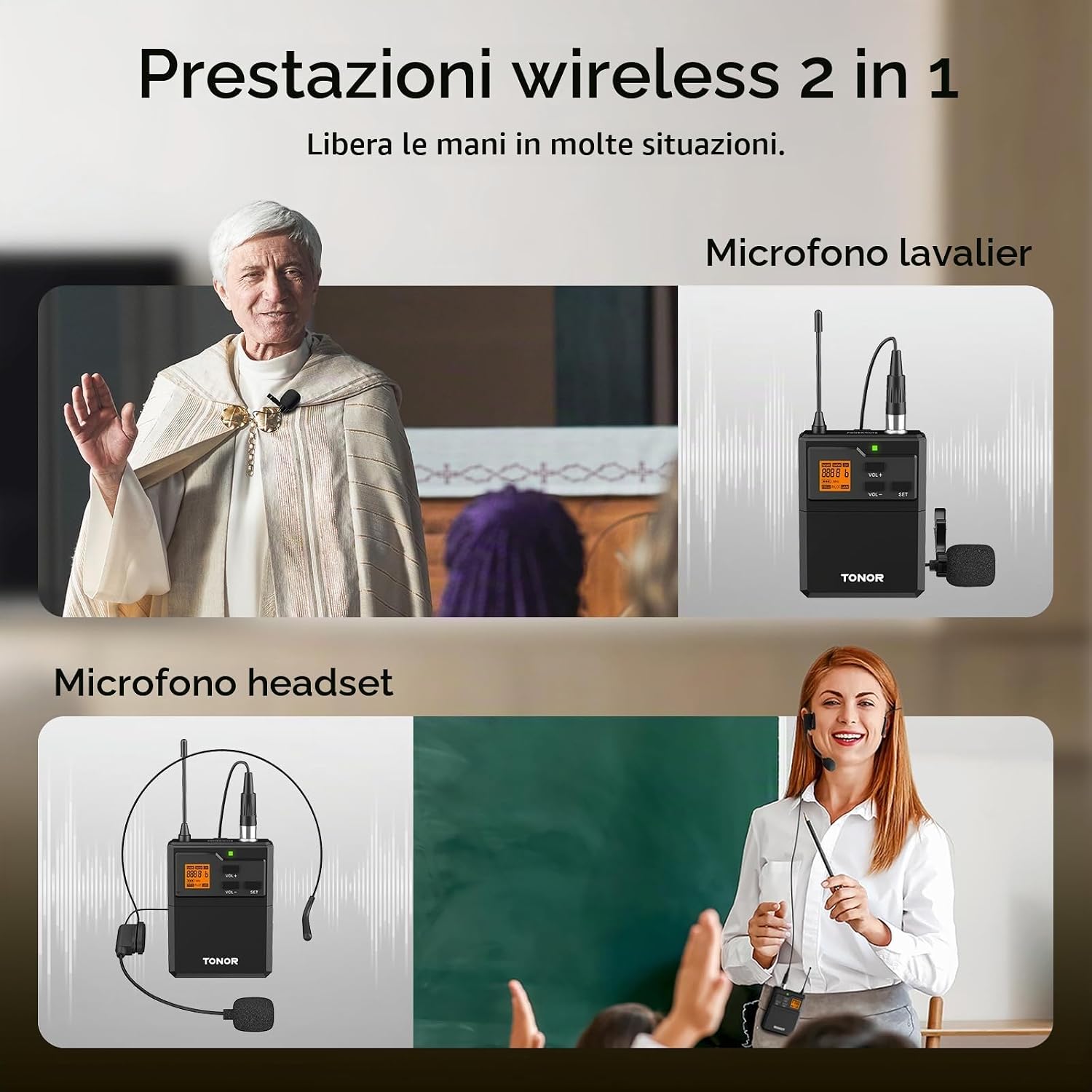 Detalle 2 de TONOR Wireless UHF Microfono con trasmettitore bodypack, lavalier e archetto: distanza fino a 60 m