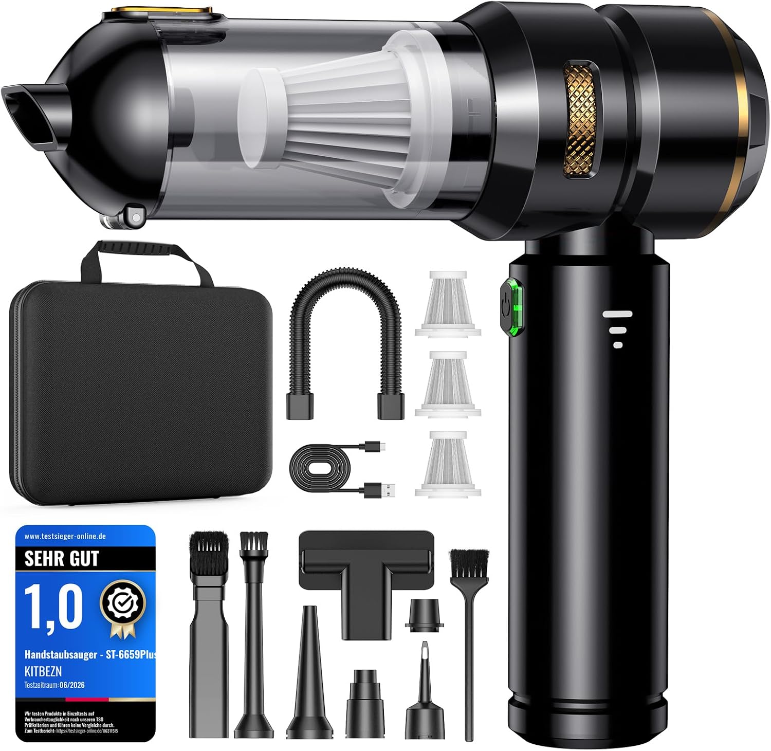 Detalle de KITBEZN Handstaubsauger: Kabellos, 27 kPa, 135 W – 4-in-1 Mini Staubsauger für Auto, Haus und Tierhaare