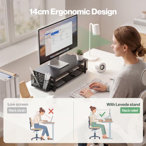 Detalle de Levede Black Metal Monitor Riser with Three-Section Drawer and Pen Holders