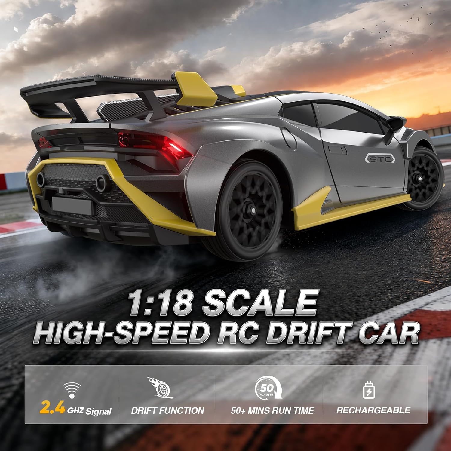 Detalle 2 de Lamborghini RC Drift Car 1:18 4WD – high-speed remote control drift car with proportional throttle and LEDs