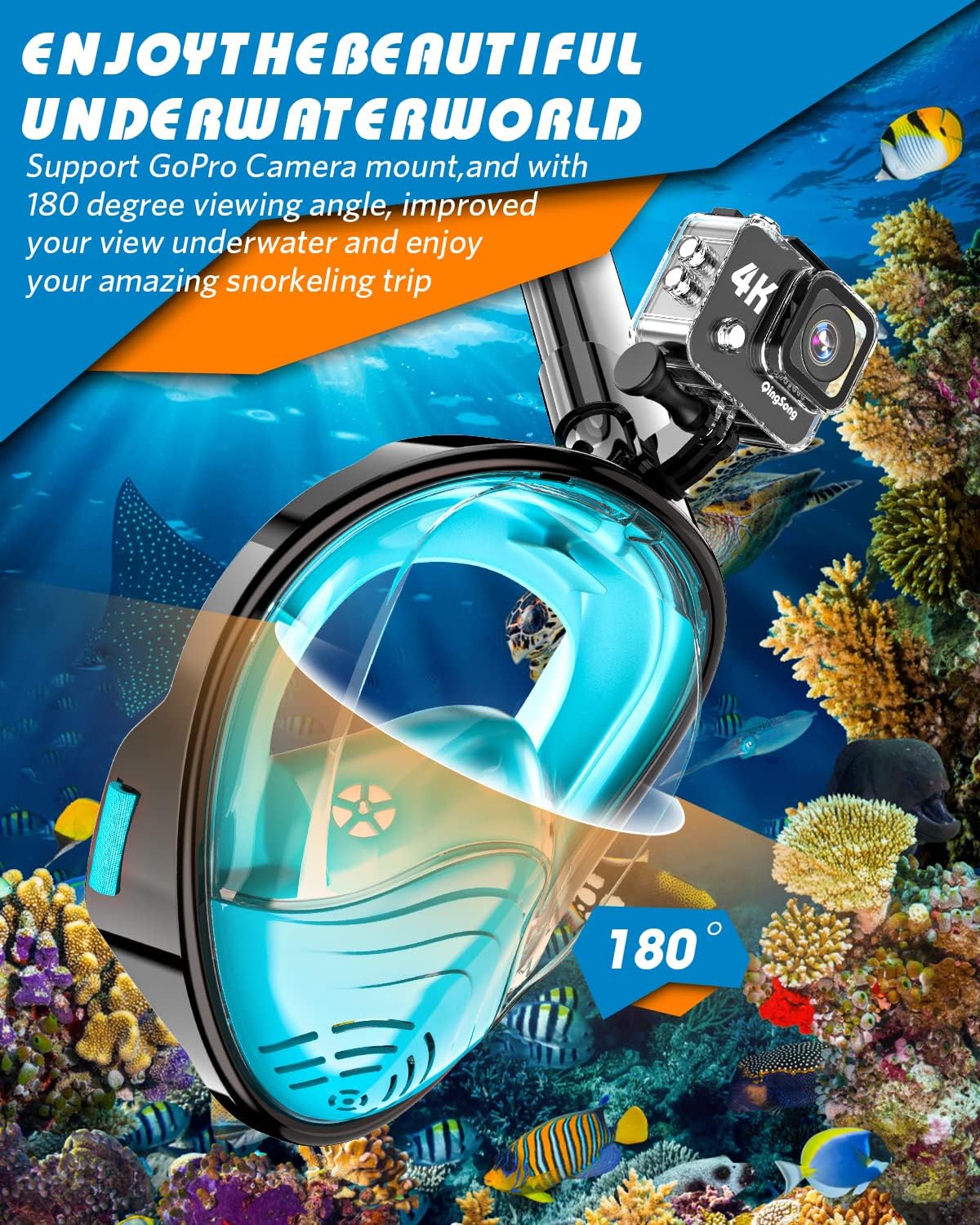 Thumbnail 4 de QingSong Full Face Snorkel Mask for Adults: 180° View, Anti-Fog & Anti-Leak with Camera Mount