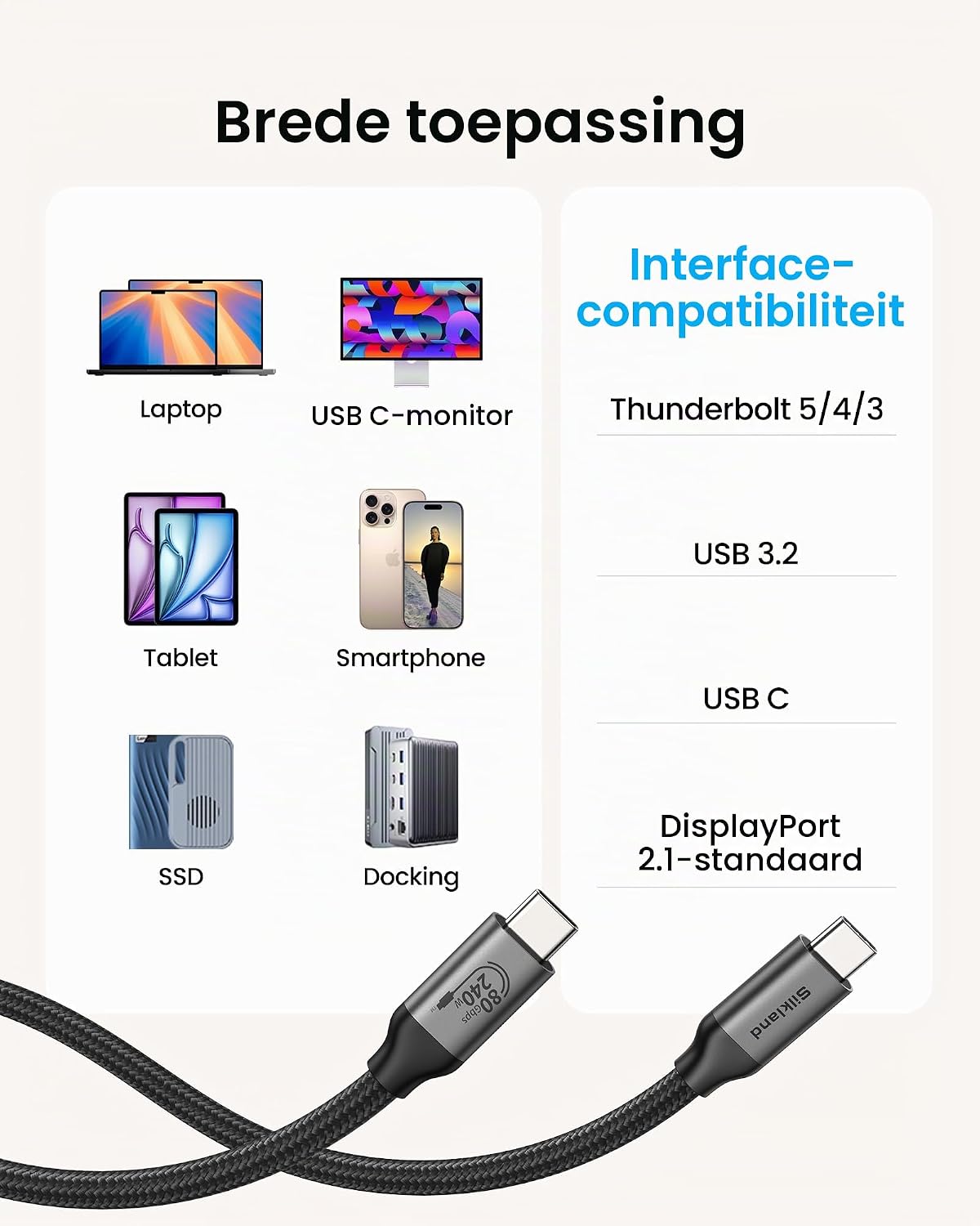 Thumbnail 6 de Silkland S3405 USB-C-kabel 1,5 m, 80 Gbps en 240 W voor Thunderbolt 5
