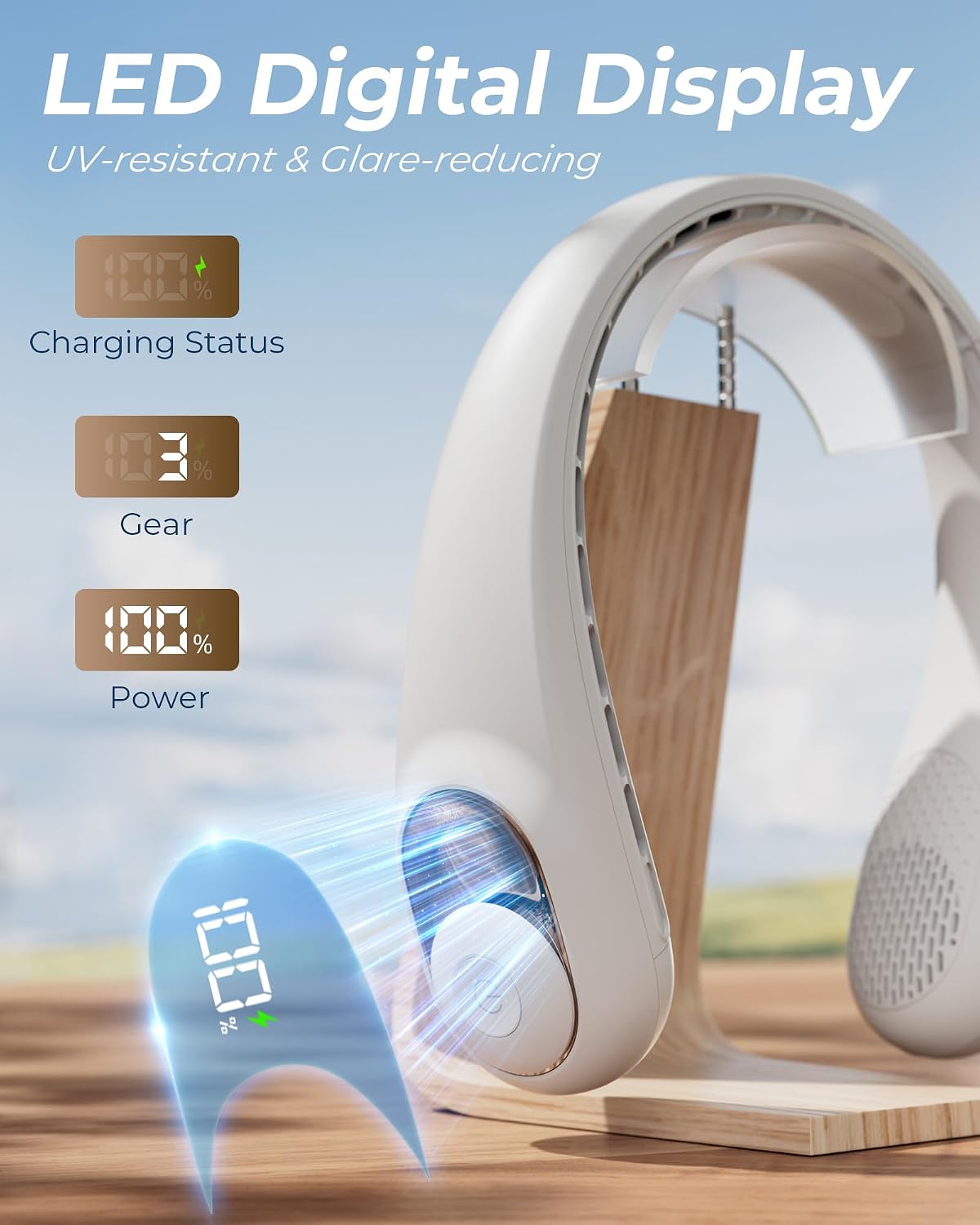 Detalle de TUNISE Neck Fan: Personal USB-C Neck Fan with LED Display and 4100 RPM
