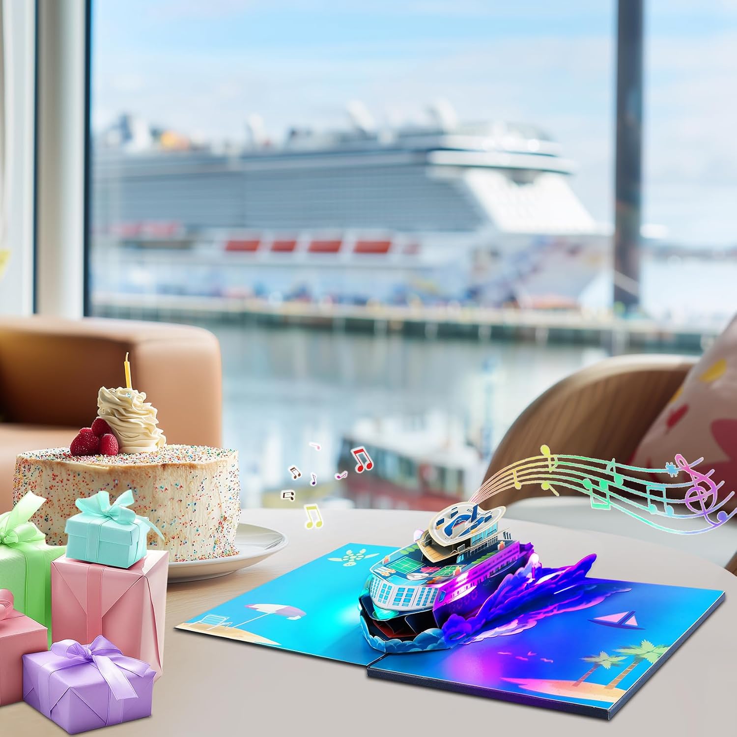 Detalle 2 de GREETING ART Pop Up Karte Kreuzfahrtschiff – Geburtstagskarte mit Musik und Licht (Happy Birthday)