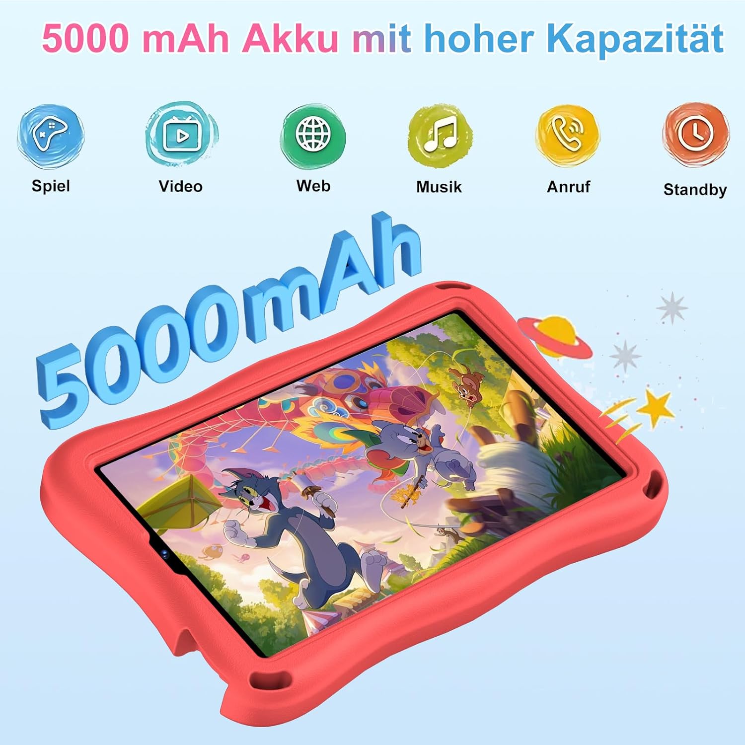 Detalle de SUAAT Kinder Tablet 9 Zoll – Android 15, Octa-Core, 12/30GB Speicher, TF bis 2TB, 5G WLAN, Face ID, Kindersicherung, EVA Case Rot