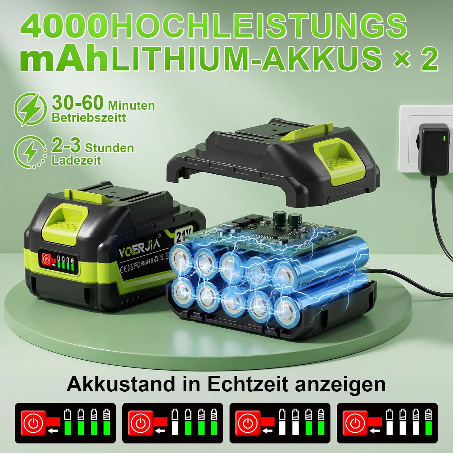 Detalle de VOERJIA Akku-Hochdruckreiniger 21V (70 Bar) – flexibel, tragbar und mit 2x 4Ah Akkus