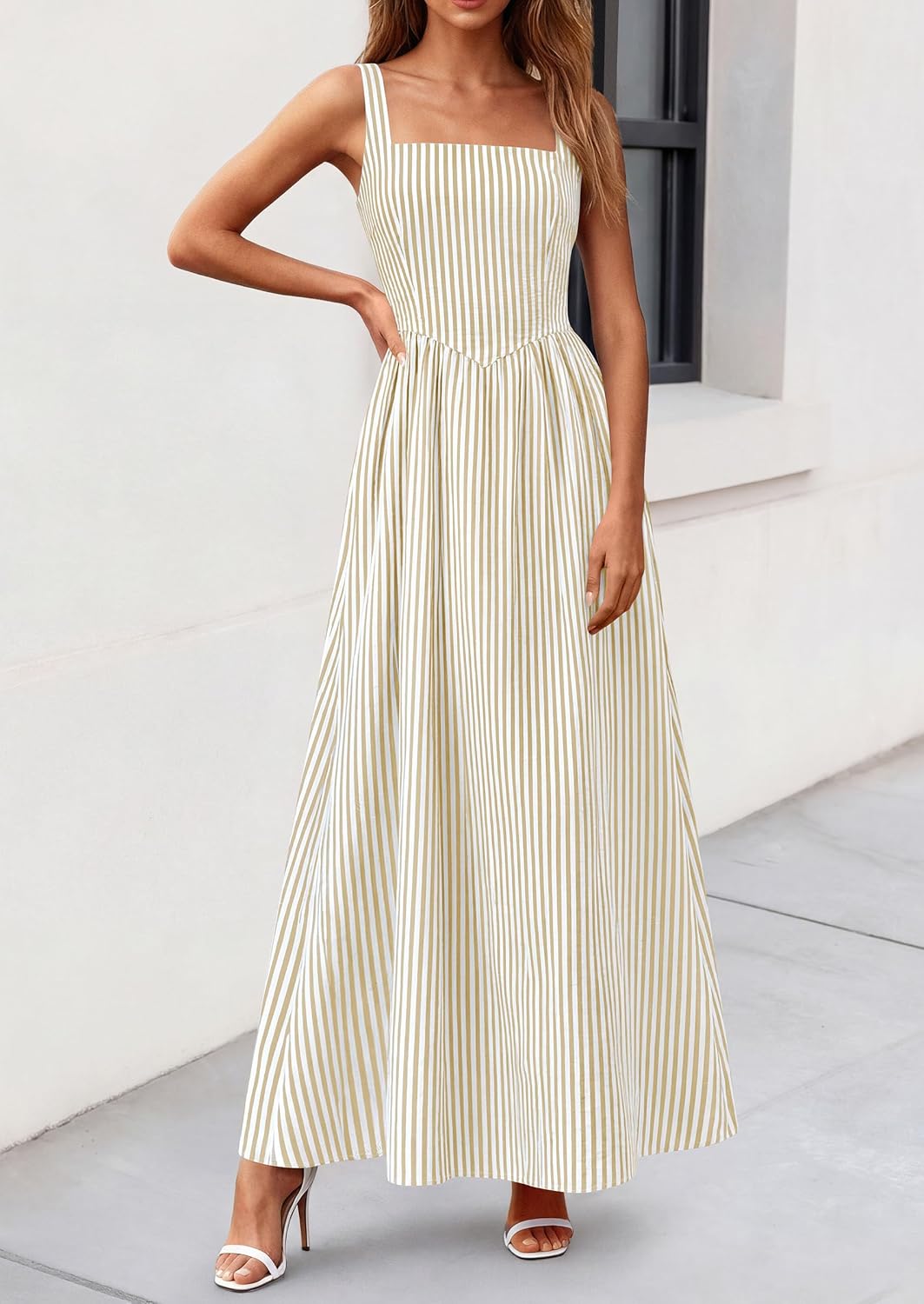 Detalle de PRETTYGARDEN Women's Maxi Dress - Summer Striped Sundress, Sleeveless Square Neck, Smocked Back, Pockets