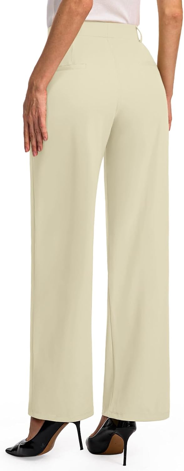 Detalle de Feiersi Wide-Leg Pull-On Work Pants, Stretchy High Waist with Pockets