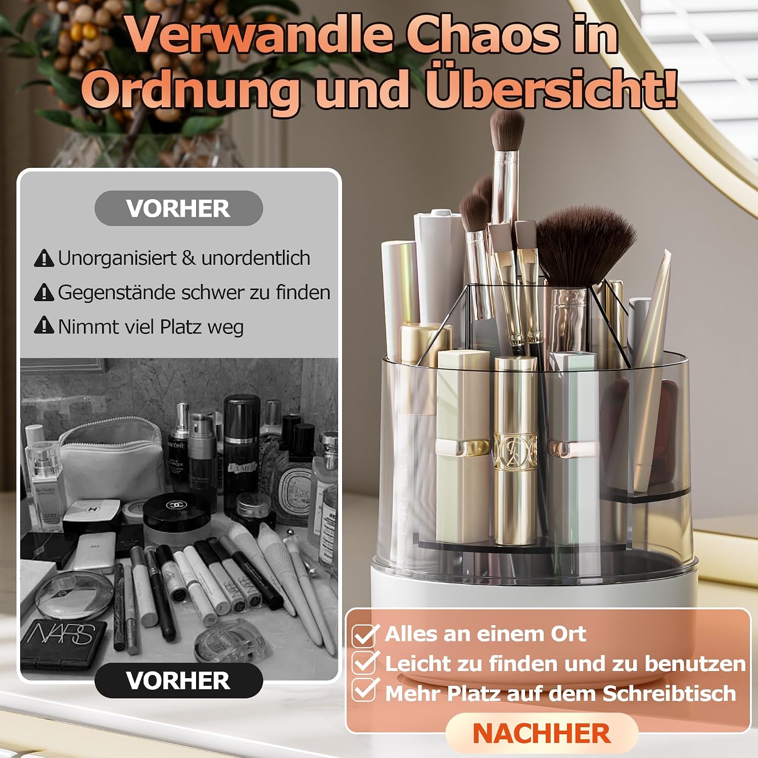 Detalle de CTIME 360° drehbarer Makeup Organizer – 5 Fächer in verschiedenen Tiefen für Pinsel, Lippenstifte, Nagellack & Stifte