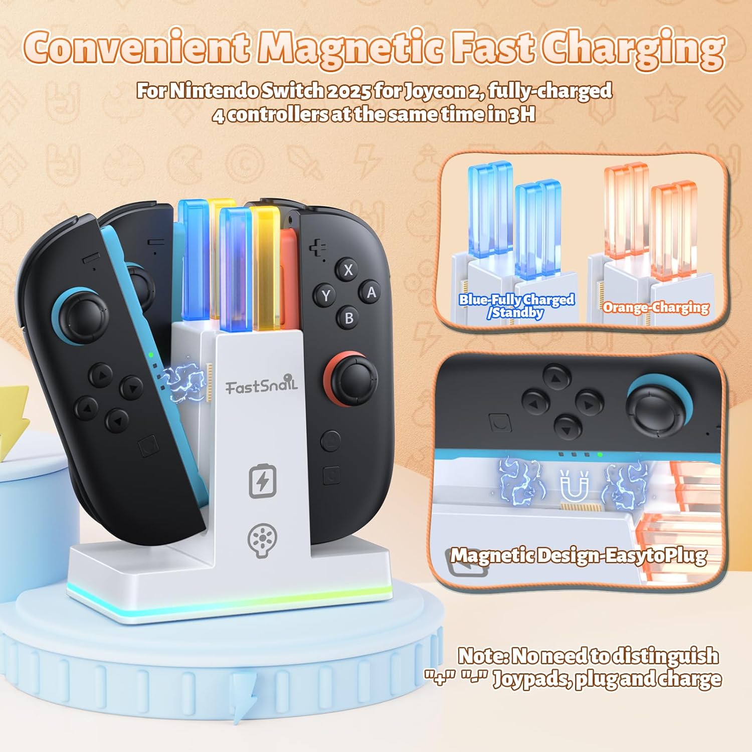 Detalle de FASTSNAIL RGB Ladestation für Joy Con 2 – magnetisch, für bis zu 4 Controller, 9 RGB-Modi (Weiß)