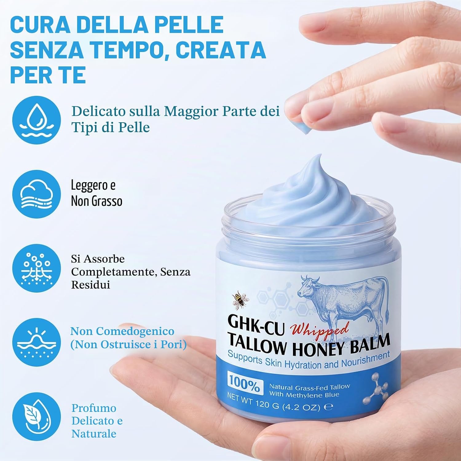Detalle de Copper Peptides GHK-Cu Beef Tallow Skin Care: Balsamo idratante al sebo di manzo con blu di metilene, miele di Manuka e vitamina E