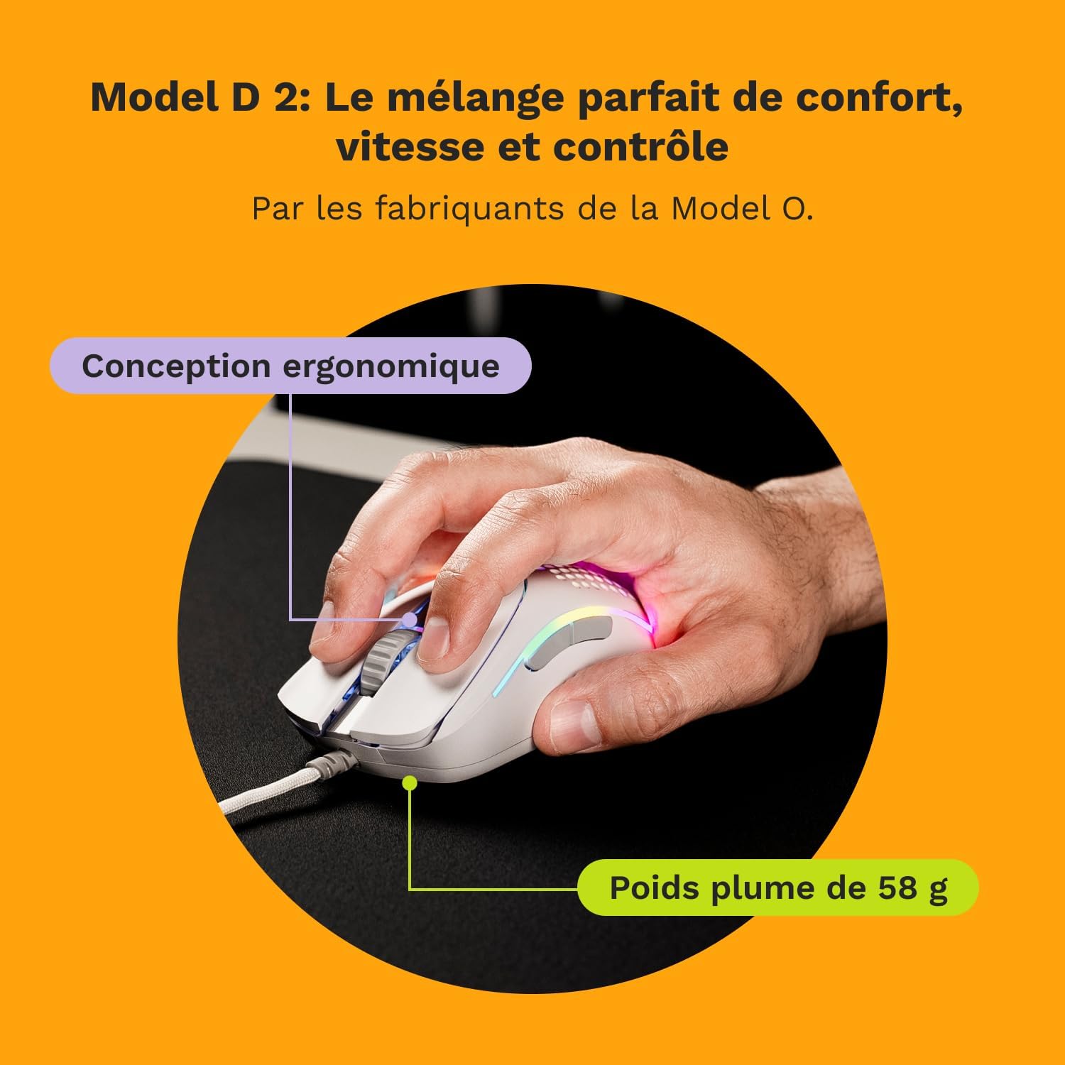 Thumbnail 1 de GLORIOUS Gaming Model D 2 filaire ergonomique 58 g, capteur optique 26K et 6 boutons programmables – Blanc