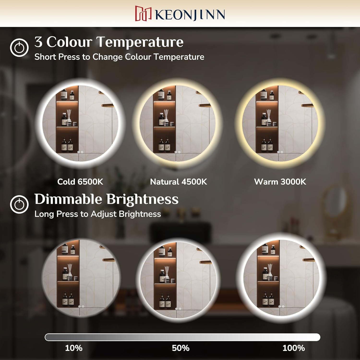 Thumbnail 2 de Keonjinn Badspiegel rund 60 cm mit Beleuchtung, Anti-Beschlag & Touch-Dimmer