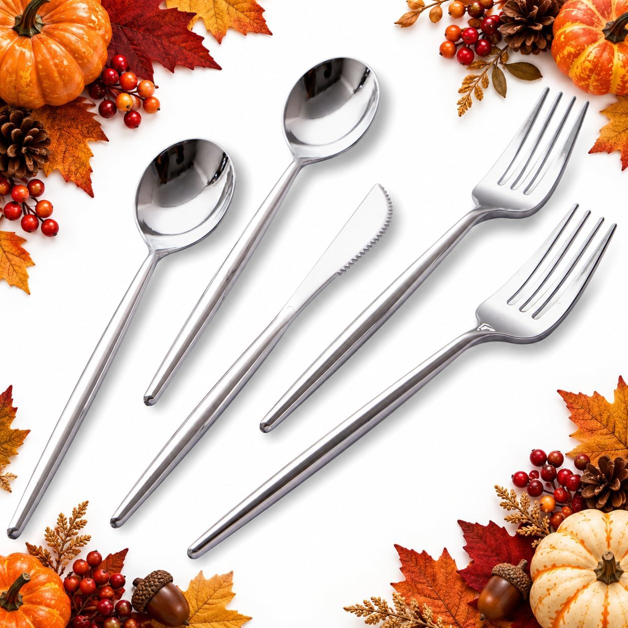 Detalle de SUT 78 Silver Plastic Cutlery Set, 150 Pieces for Parties and Weddings
