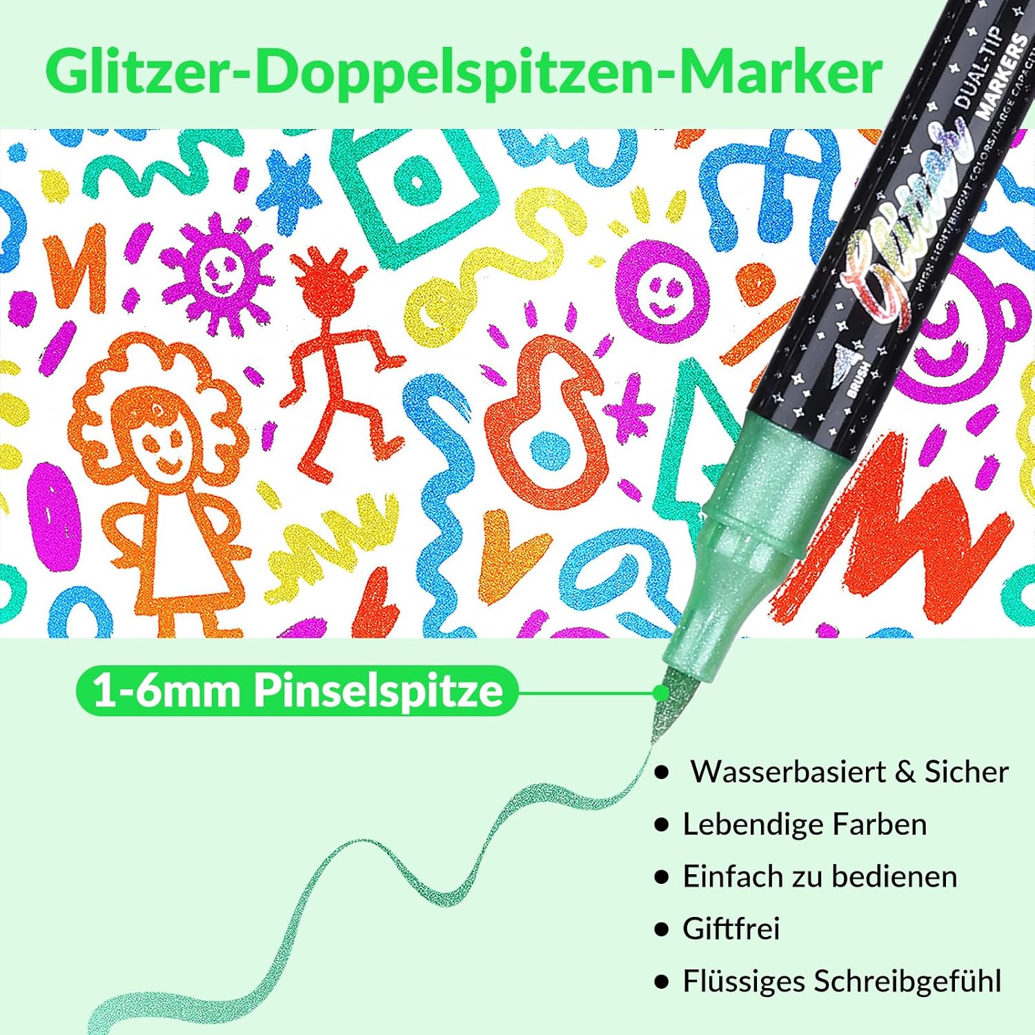 Thumbnail 2 de KEMYR Glitzerstifte Set 72 Farben – Doppelspitzen mit Pinselspitze für DIY, Karten & Doodling
