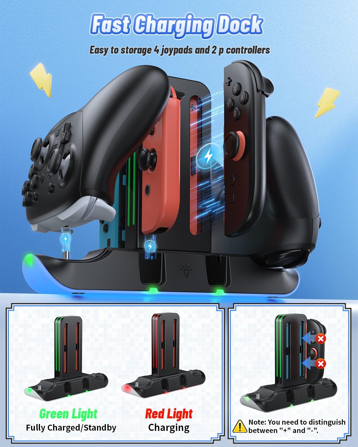 Detalle 2 de FASTSNAIL Charging Dock for Nintendo Switch 1/2 Controllers (9 RGB Lighting, Magnetic Storage)