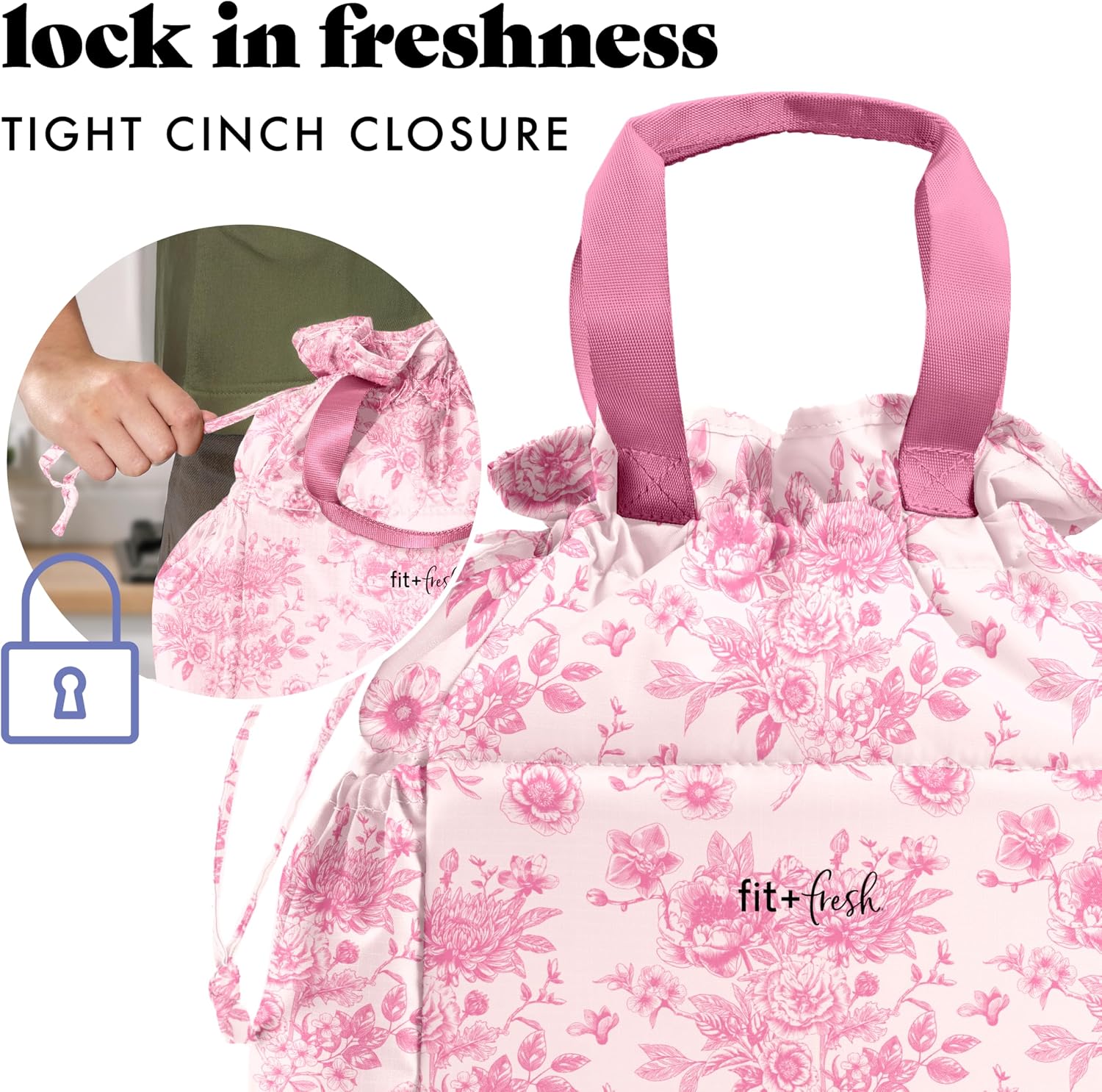 Thumbnail 3 de Fit & Fresh Cromwell Drawstring Lunch Bag Set for Women (Pink Floral Toile) with 2 Containers