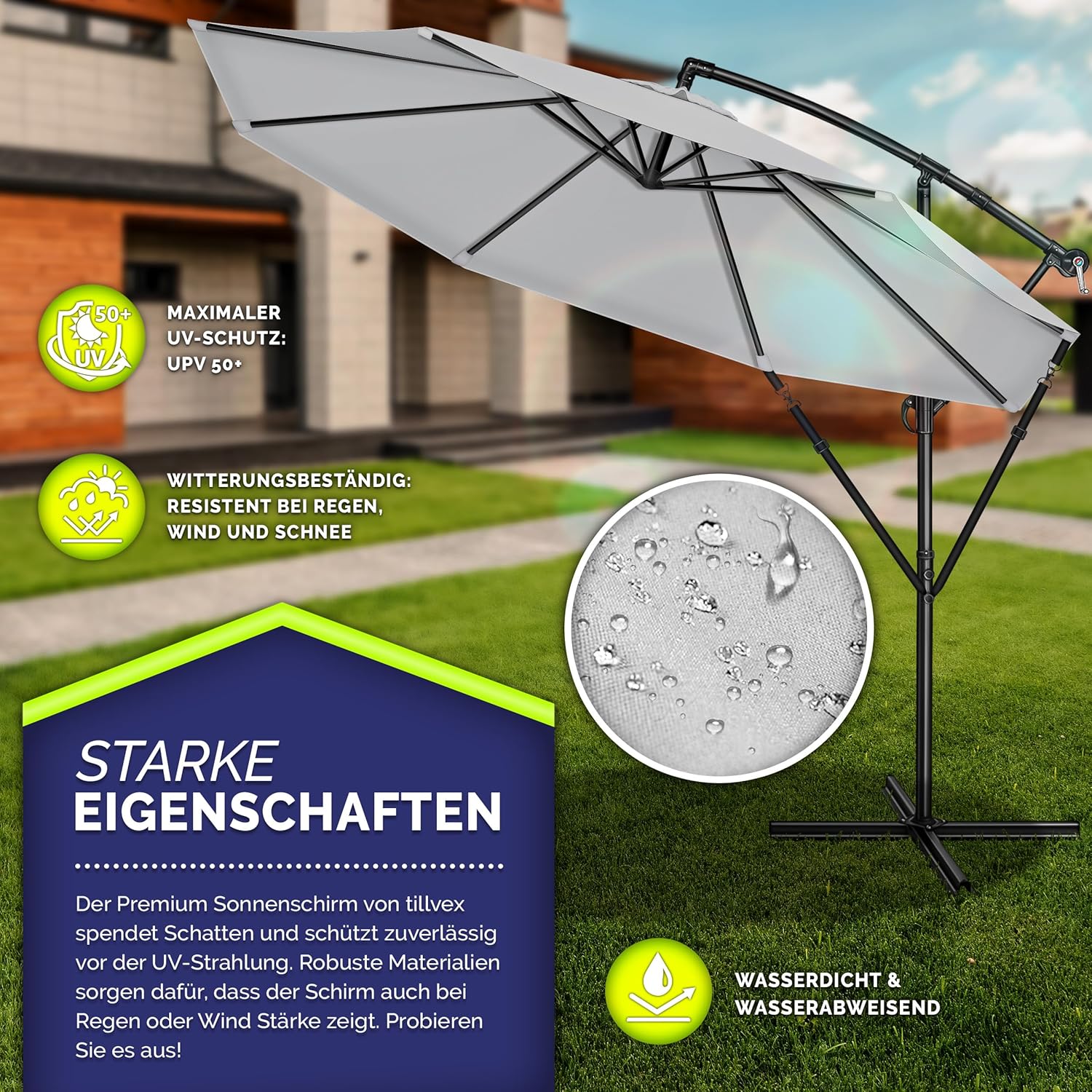 Thumbnail 1 de tillvex Alu Ampelschirm Ø 300 cm mit Kurbel – UV-Schutz, Windschutz, 360° Drehung