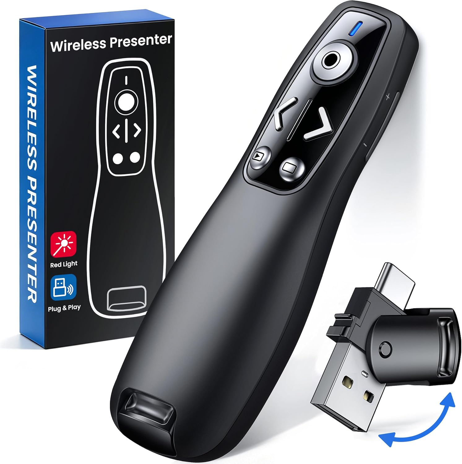 Detalle de ELISWEEN Wireless Presentation Clicker with USB-A/USB-C Receiver, Red Pointer