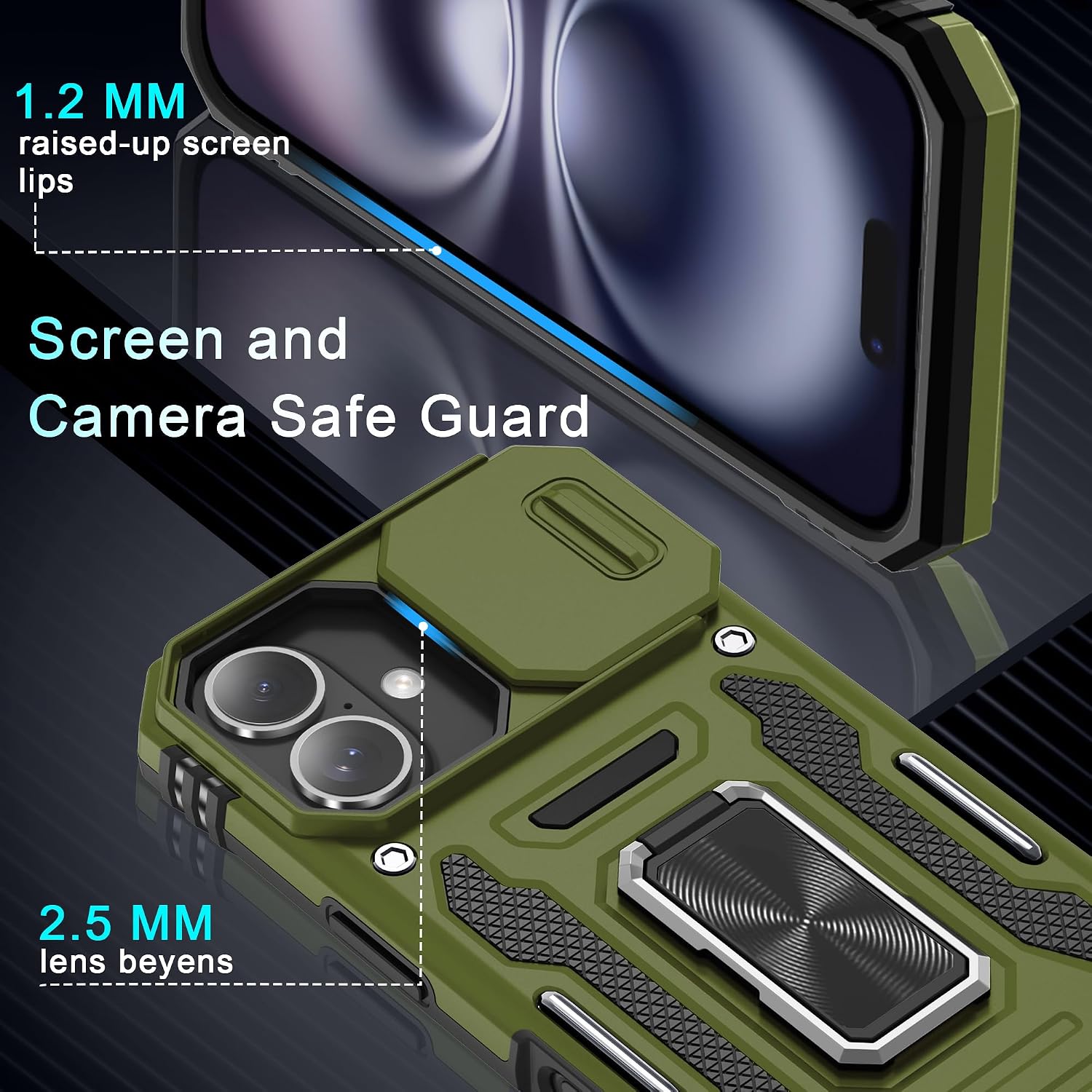 Detalle de DEERLAMN iPhone 16 Armor Case with Sliding Camera Cover, Rotating Ring Kickstand + Tempered Glass Screen Protector (2-Pack)