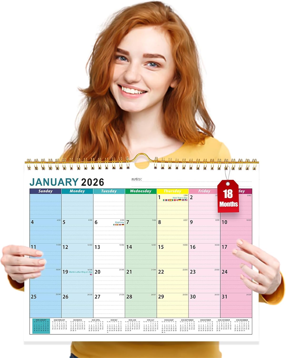 Detalle de 2026 UK Family Wall Calendar (18 Month) — Jan 2026 to Jun 2027, large writing blocks