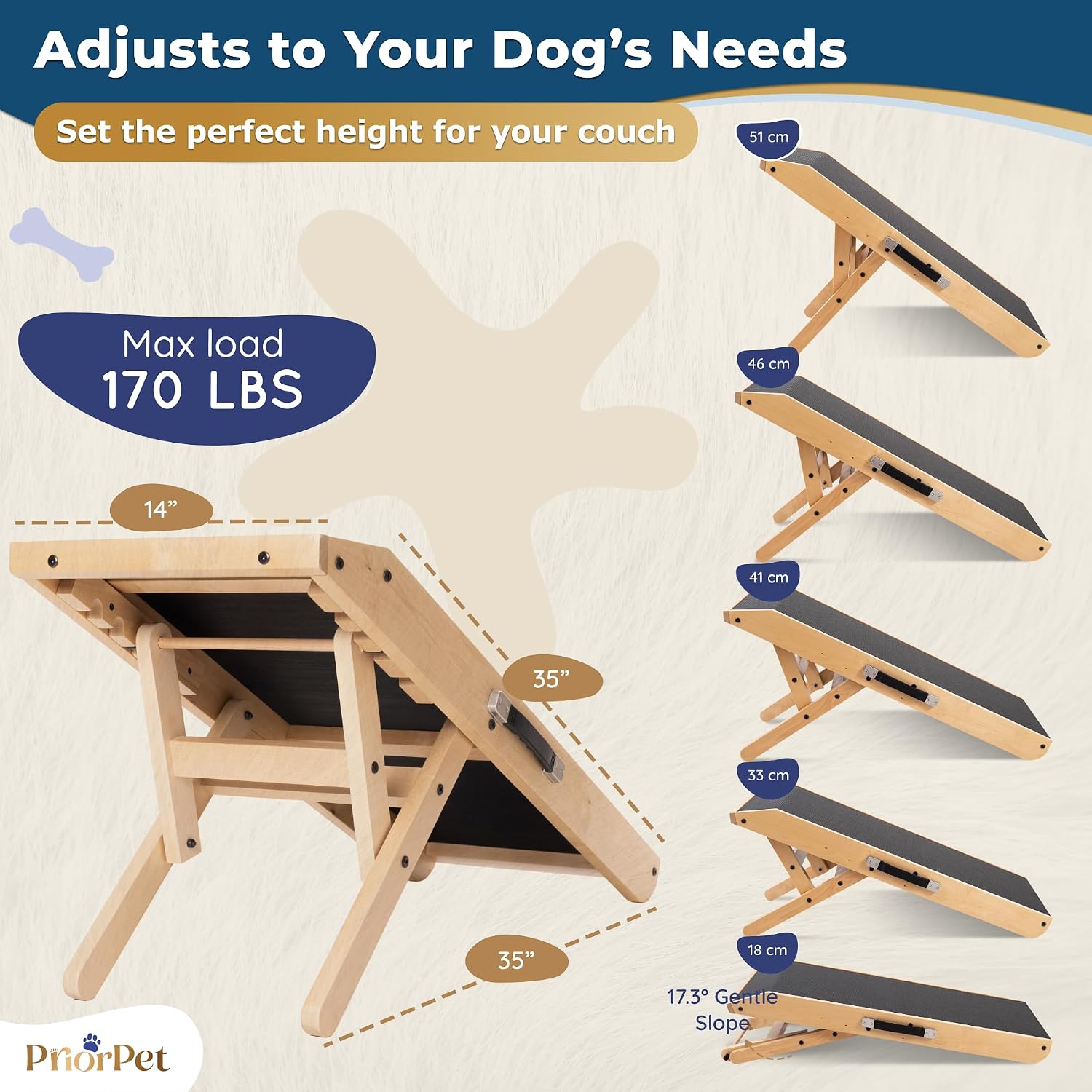 Thumbnail 4 de PRIORPET Birchwood Foldable Dog Ramp for Couch – Adjustable 7" to 20