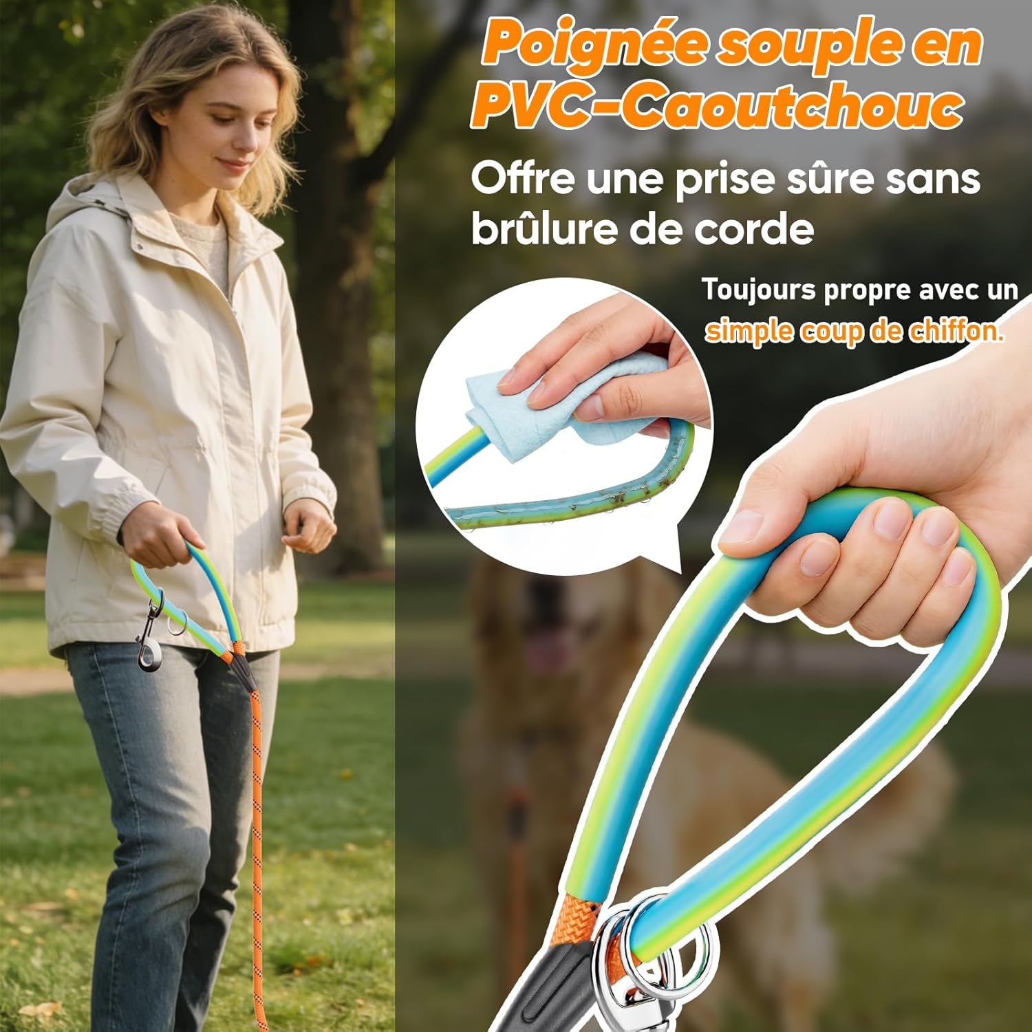 Detalle 1 de Aystkniet longe pour chien avec crochets pivotants aux deux extrémités (corde orange)