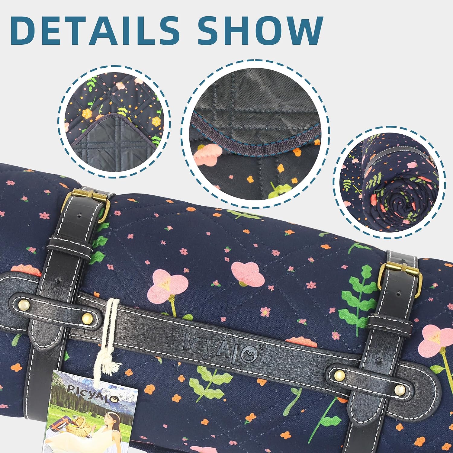 Thumbnail 2 de PICYALO Waterproof Picnic Blanket, Navy Blue Floral, Foldable with Leather Strap