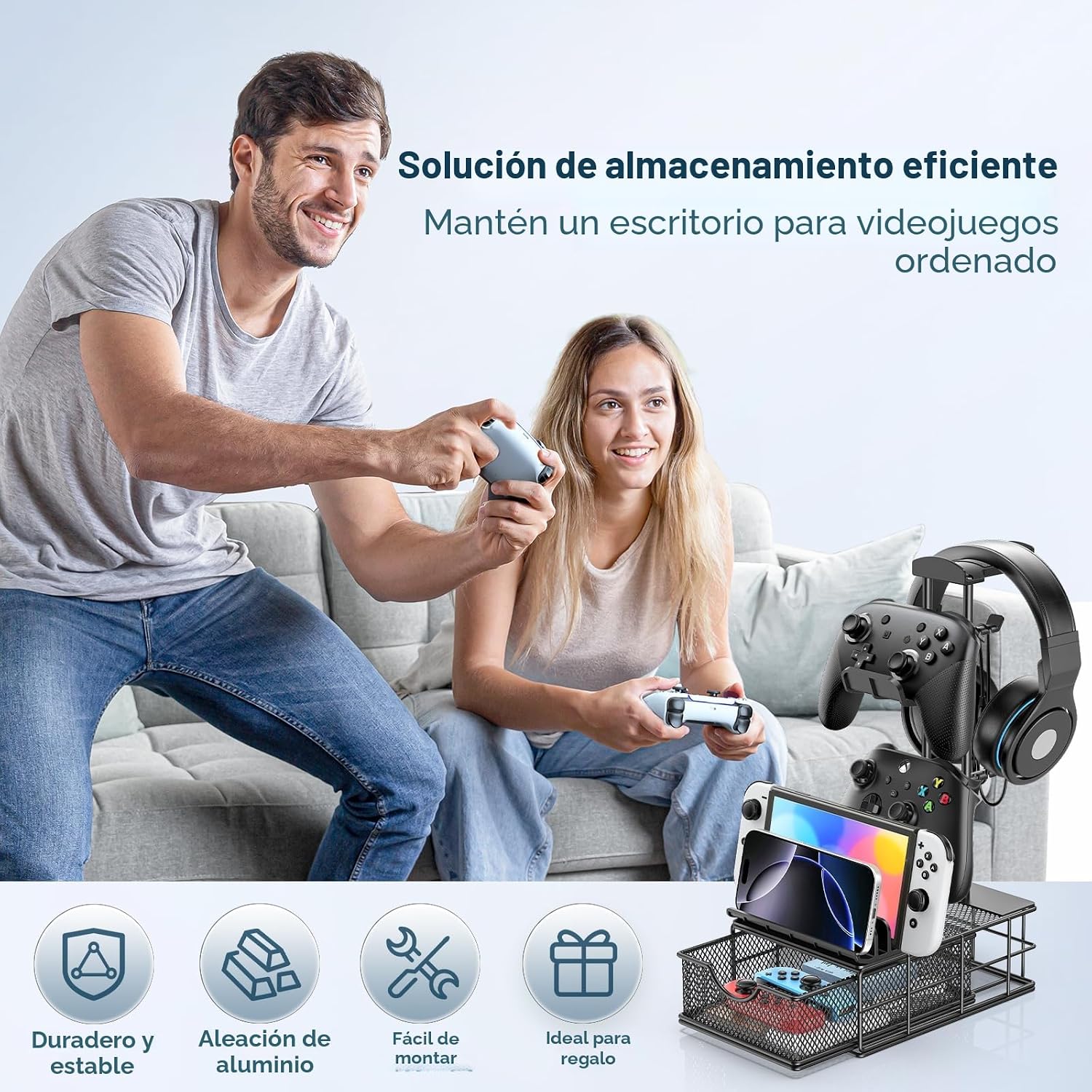 Detalle de KDD Soporte Auriculares Gaming con Cajón y Organizador de Cables – Barra de Aluminio, 2 Mandos y USB/Dispositivos