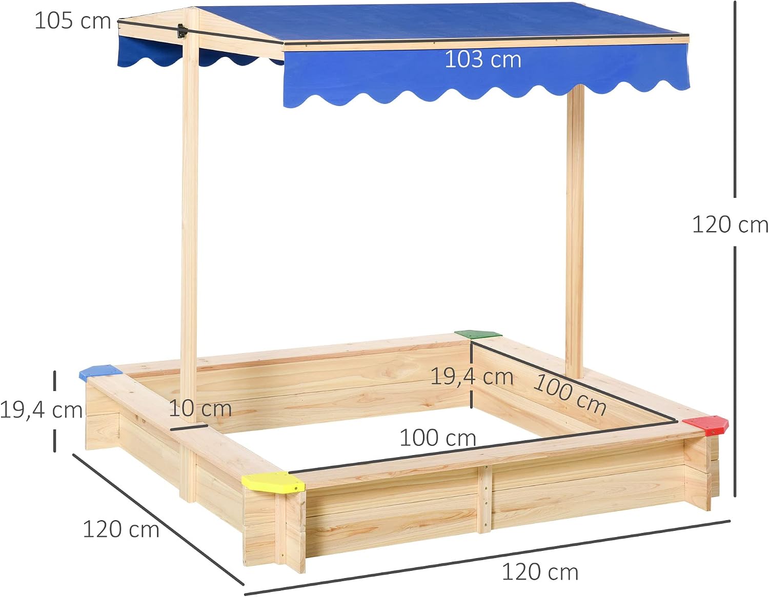 Thumbnail 6 de Outsunny Bac à sable en bois carré avec couvercle et toit réglable 1,2 m (1,2L x 1,2l x 1,2H)