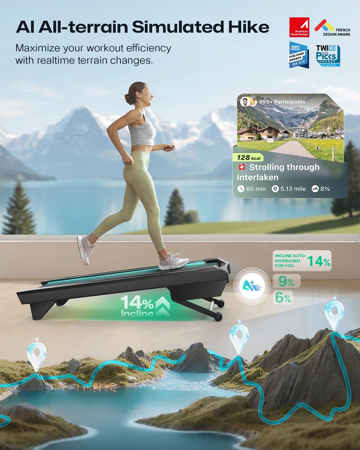 Detalle 2 de UREVO URTM051 CyberPad Walking Pad with 14% Auto Incline and Smart App