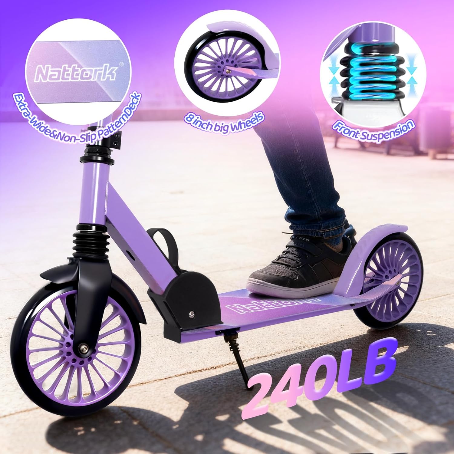Thumbnail 1 de Nattork Kick Scooter (Age 6+) with Adjustable Handlebar, 8" Wheels, Anti-Shock Suspension — 240 lbs Max Load
