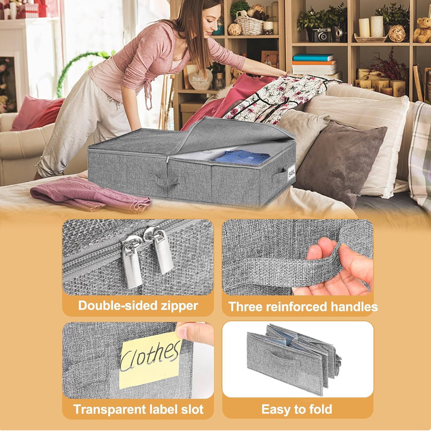 Thumbnail 5 de Under Bed Storage 3 Pack Large with Lids | Foldable Fabric Box Organisers (76x38x17cm)