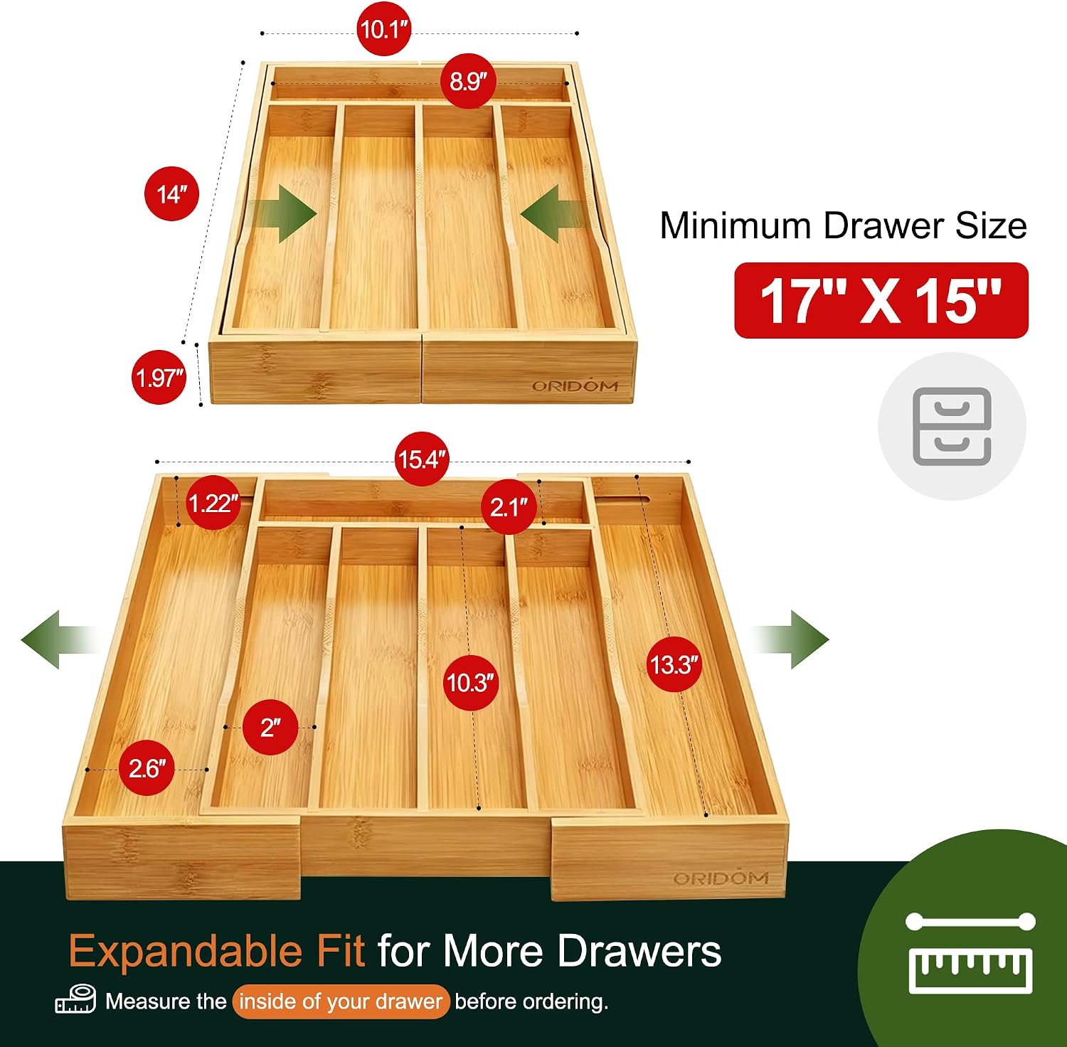 Detalle 2 de oridom Expandable Bamboo Drawer Organizer for Cutlery 🍽