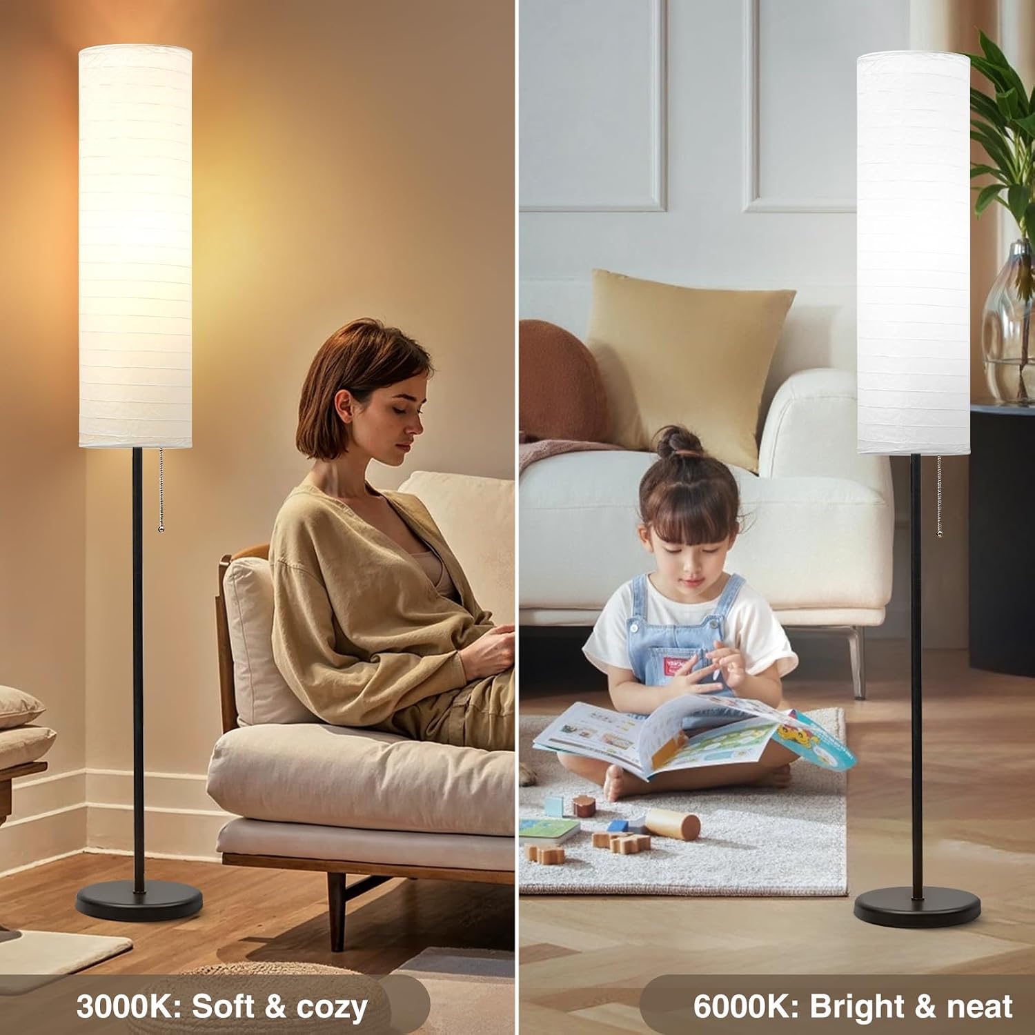 Detalle de GyroVu 65” Standing Floor Lamp for Living Room with Paper Lantern Shade