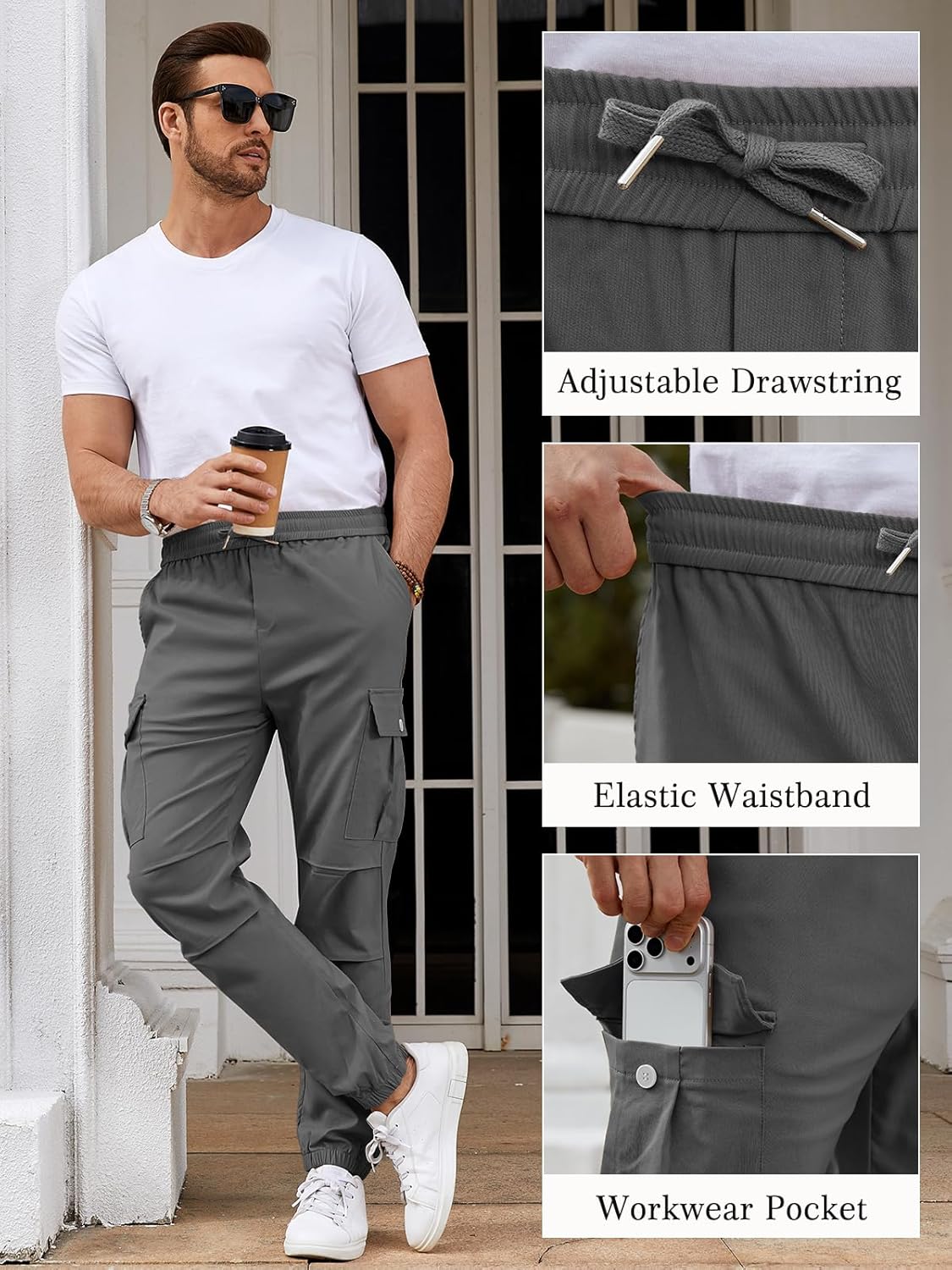 Thumbnail 3 de Tolaler Cargohose Herren Jogger Cargo – elastischer Kordelzug, 5 Taschen, Stretch