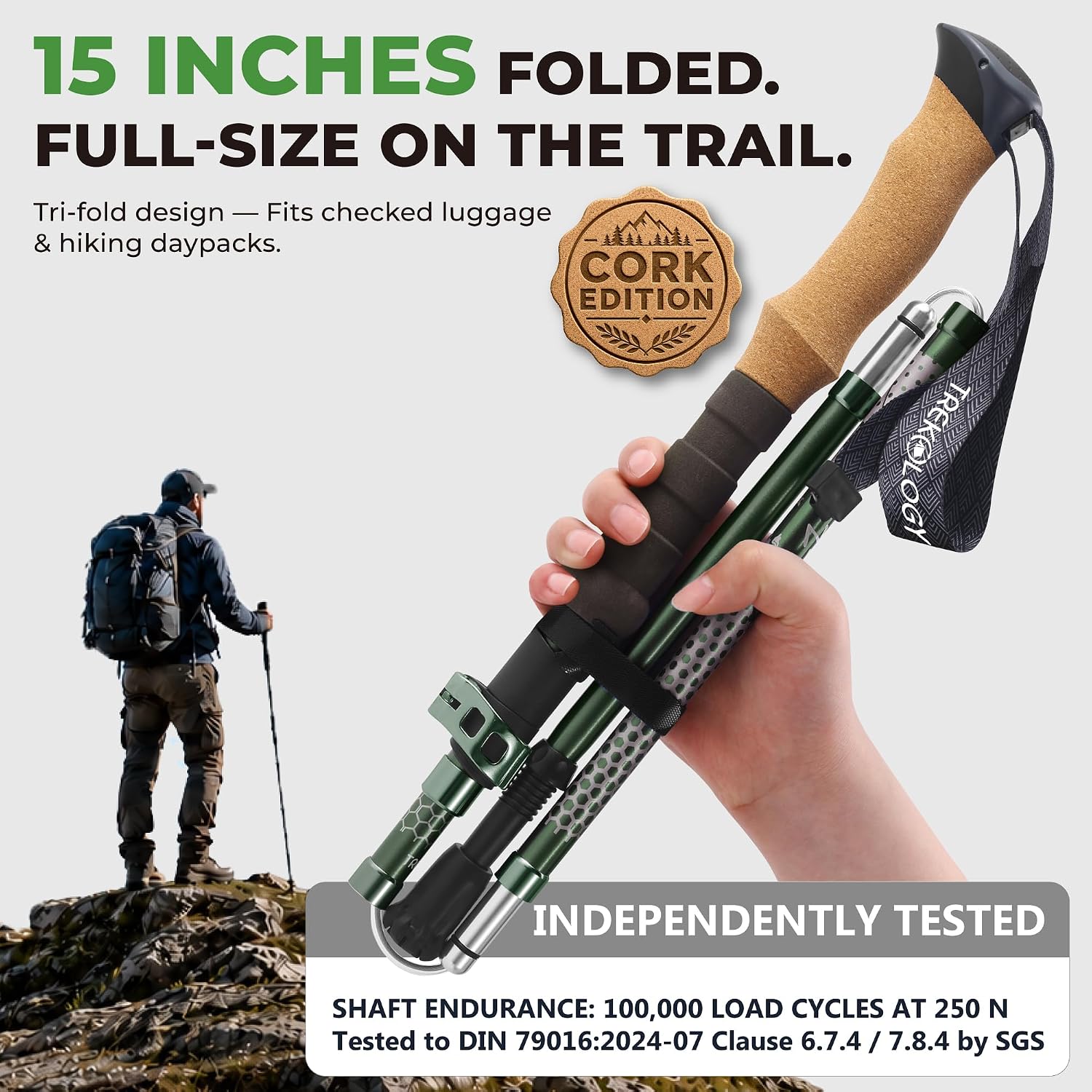 Detalle 2 de TREKOLOGY Trek-Z Folding Trekking Poles, Adjustable Aluminum, Cork Green