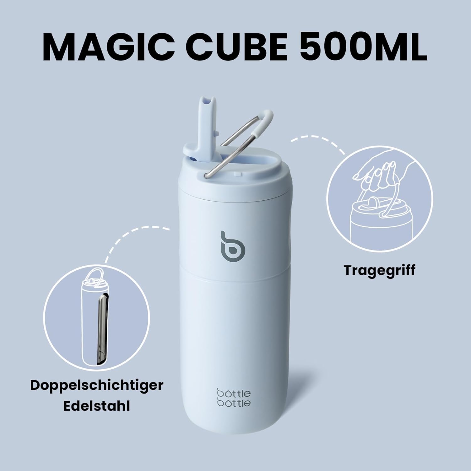 Thumbnail 1 de bottlebottle BOTTLE BOTTLE Edelstahl-Trinkflasche mit Strohhalm, 500 ml (blau) – auslaufsicher für Schule, Büro & Ausflüge