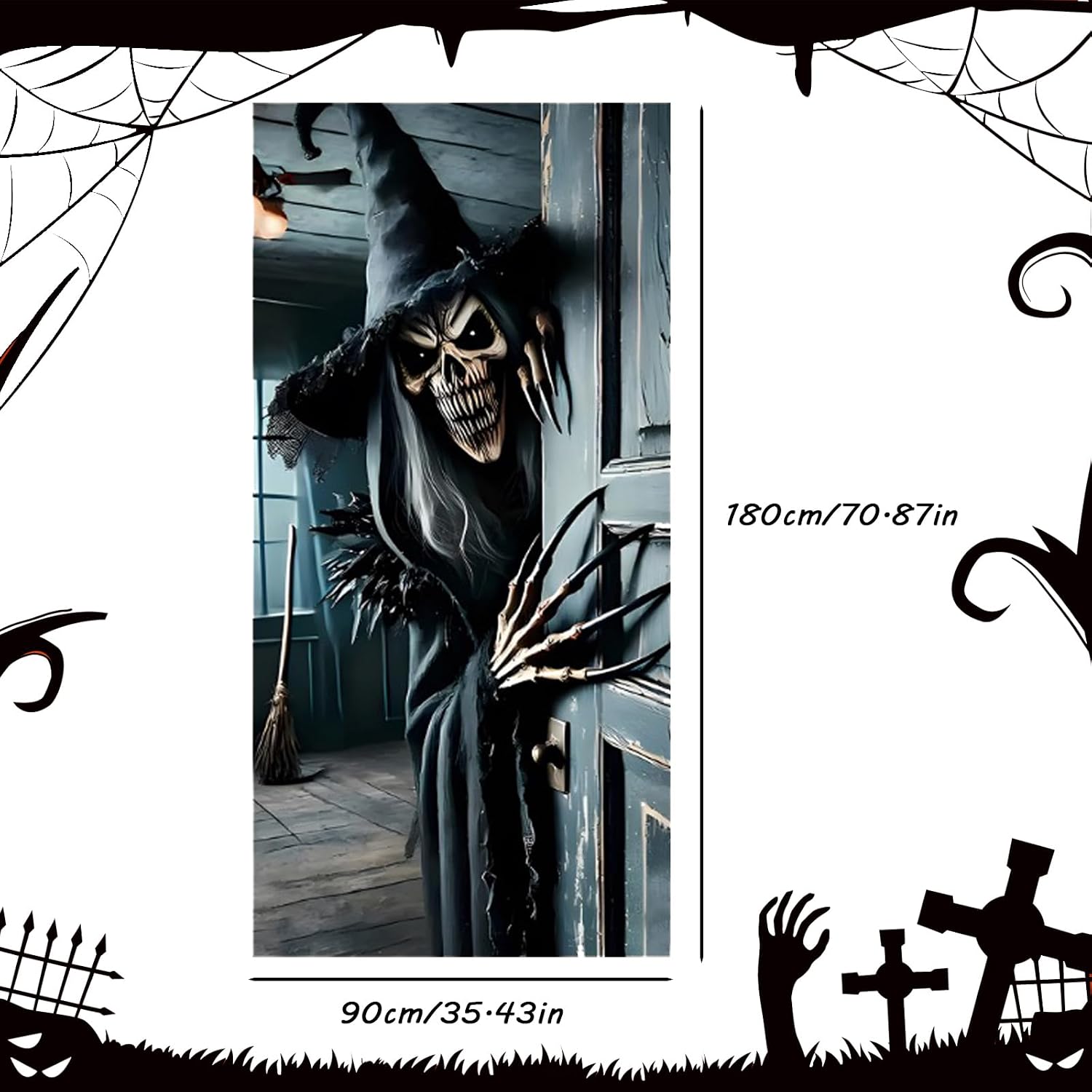 Thumbnail 1 de ILMFMY Halloween-deurbanner 180 x 90 cm met heksenskelet van polyester