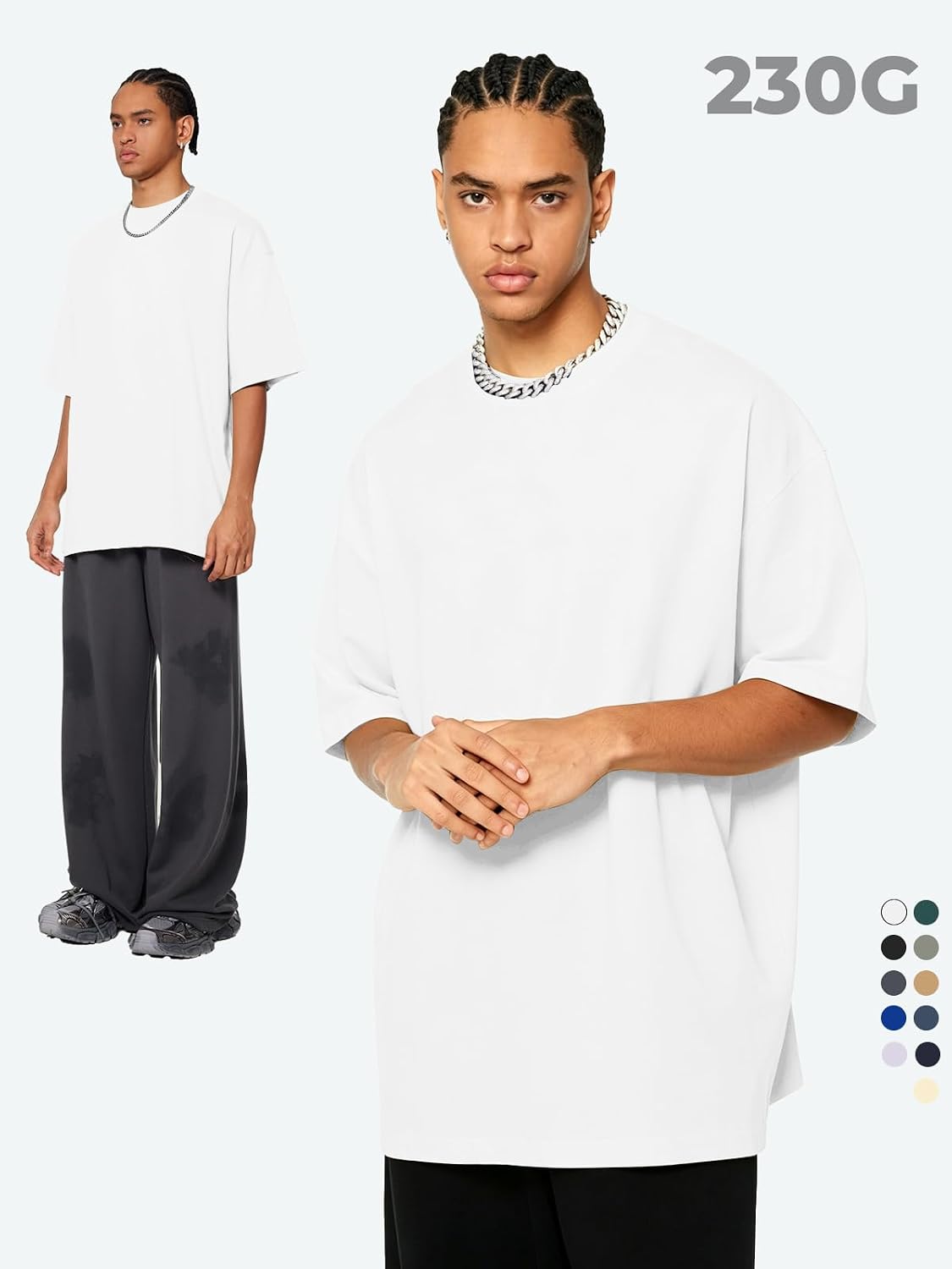 Detalle de SnowElve Men's Oversized Heavyweight Cotton T-Shirt, Crew Neck, Short Sleeve