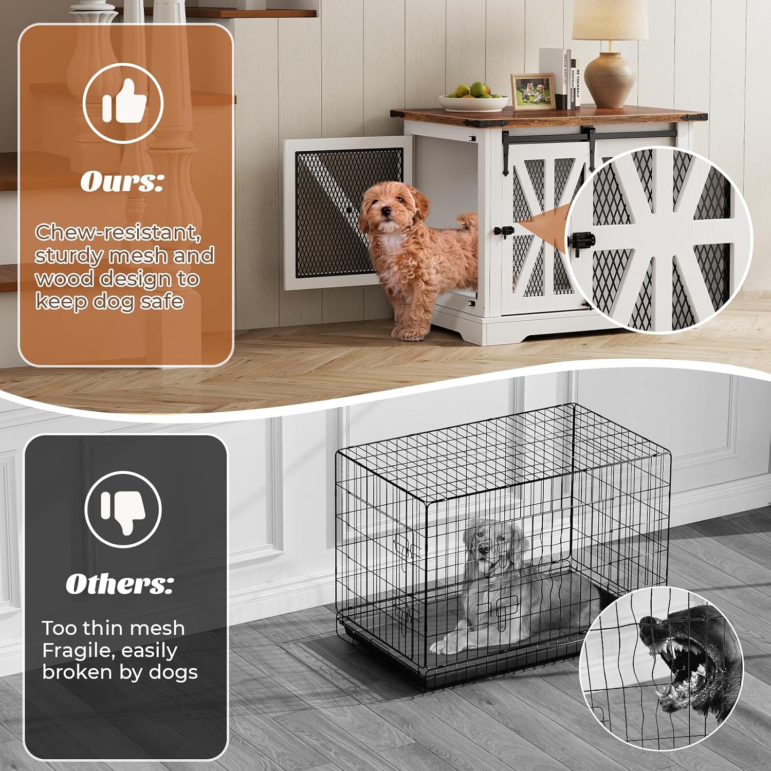 Detalle de Dog Cage Furniture: 70cm Three-Door Wooden Dog Cage with Sliding Doors (White) for Small Dogs