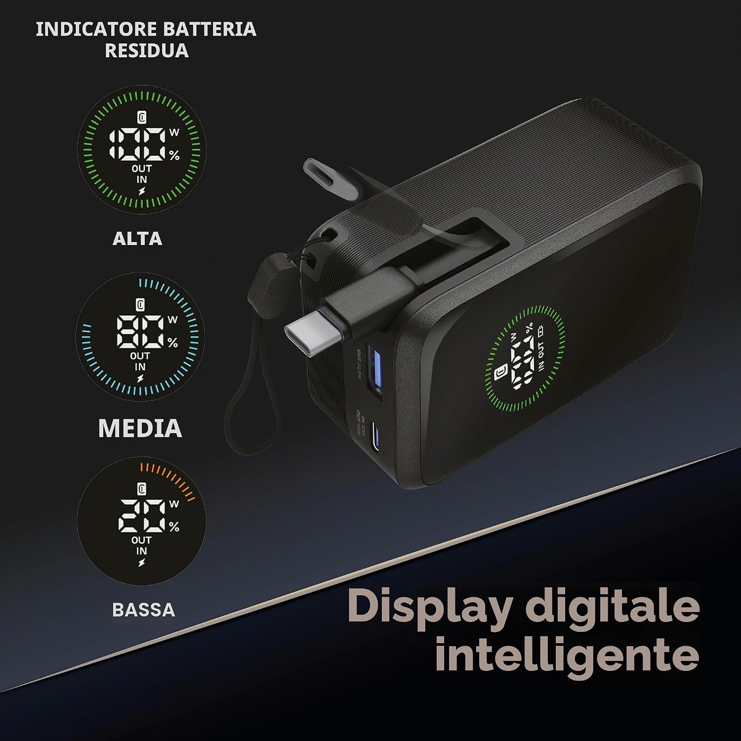 Detalle de Power bank Roller 10.000 mAh di Cellularline: ricarica ultrarapida 45 W con cavo retrattile e display LCD
