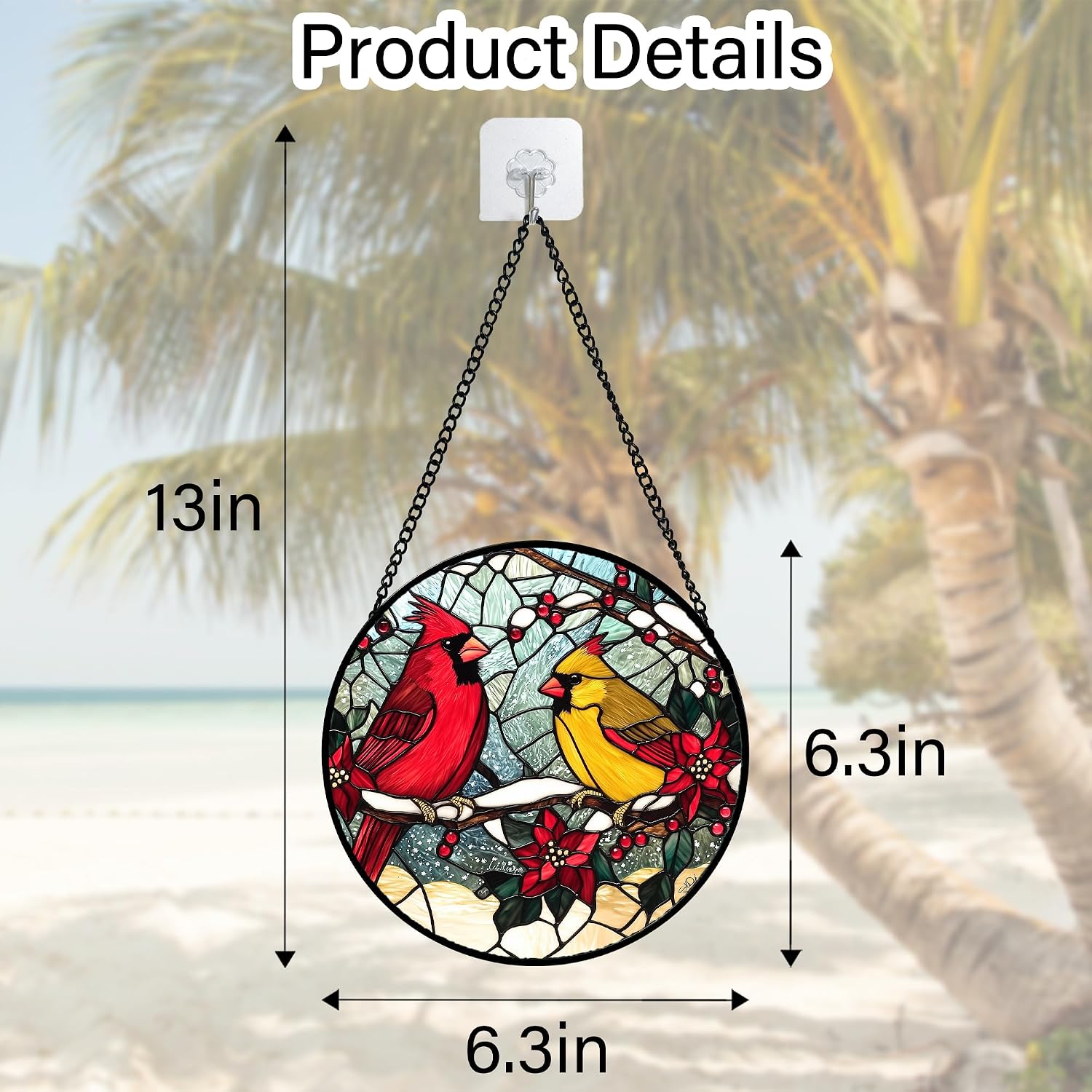Detalle de DASTOLL Cardinals Poinsettia Glass Suncatcher, 6.3-Inch Window Hanging