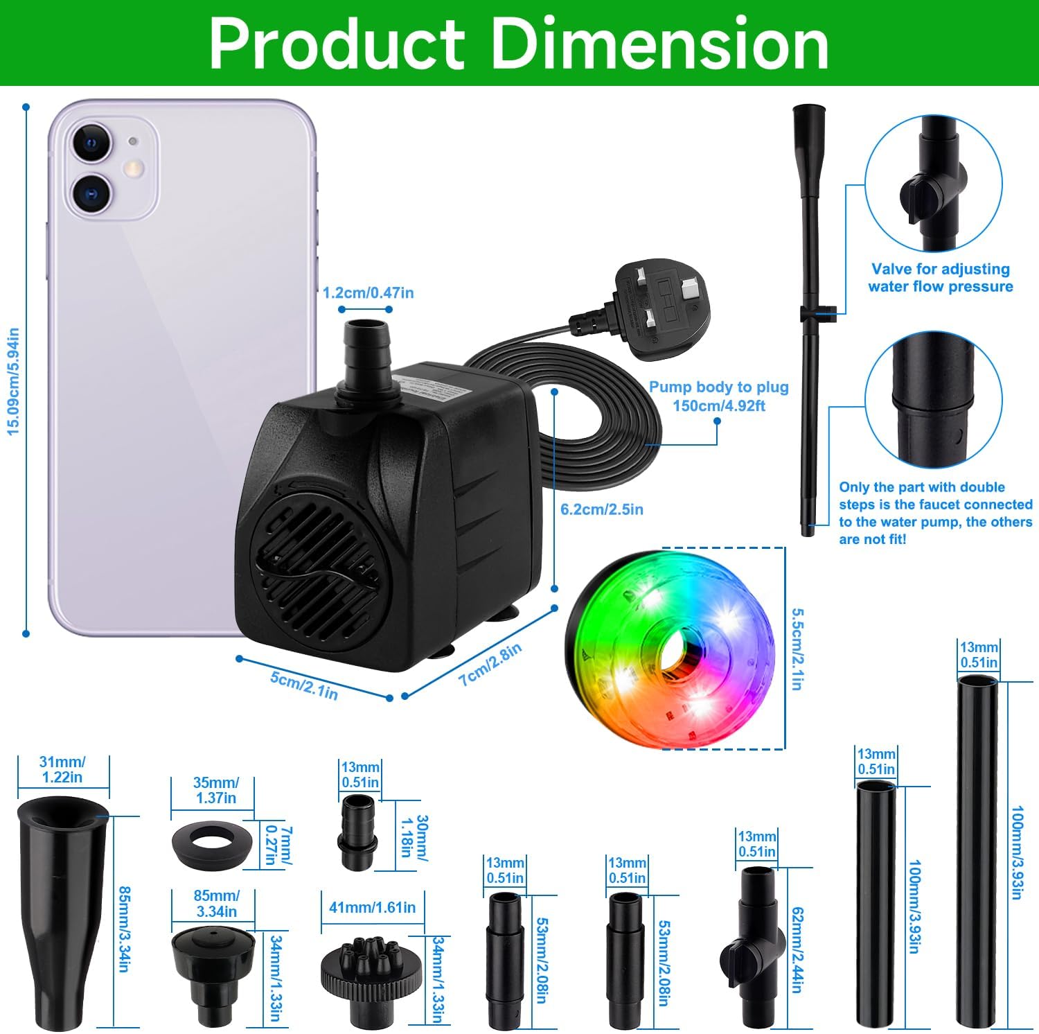 Detalle de NATPOW Submersible Water Pump — 800L/H with RGB LED Lights, 4 Nozzles and 3m Cable