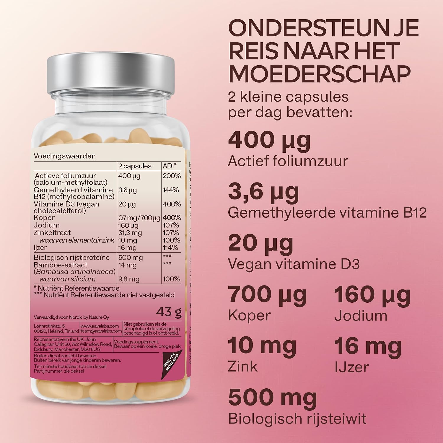 Detalle 2 de AAVALABS zwangerschapssupplement met 400 µg methylfolaat en vegan vitamine D3