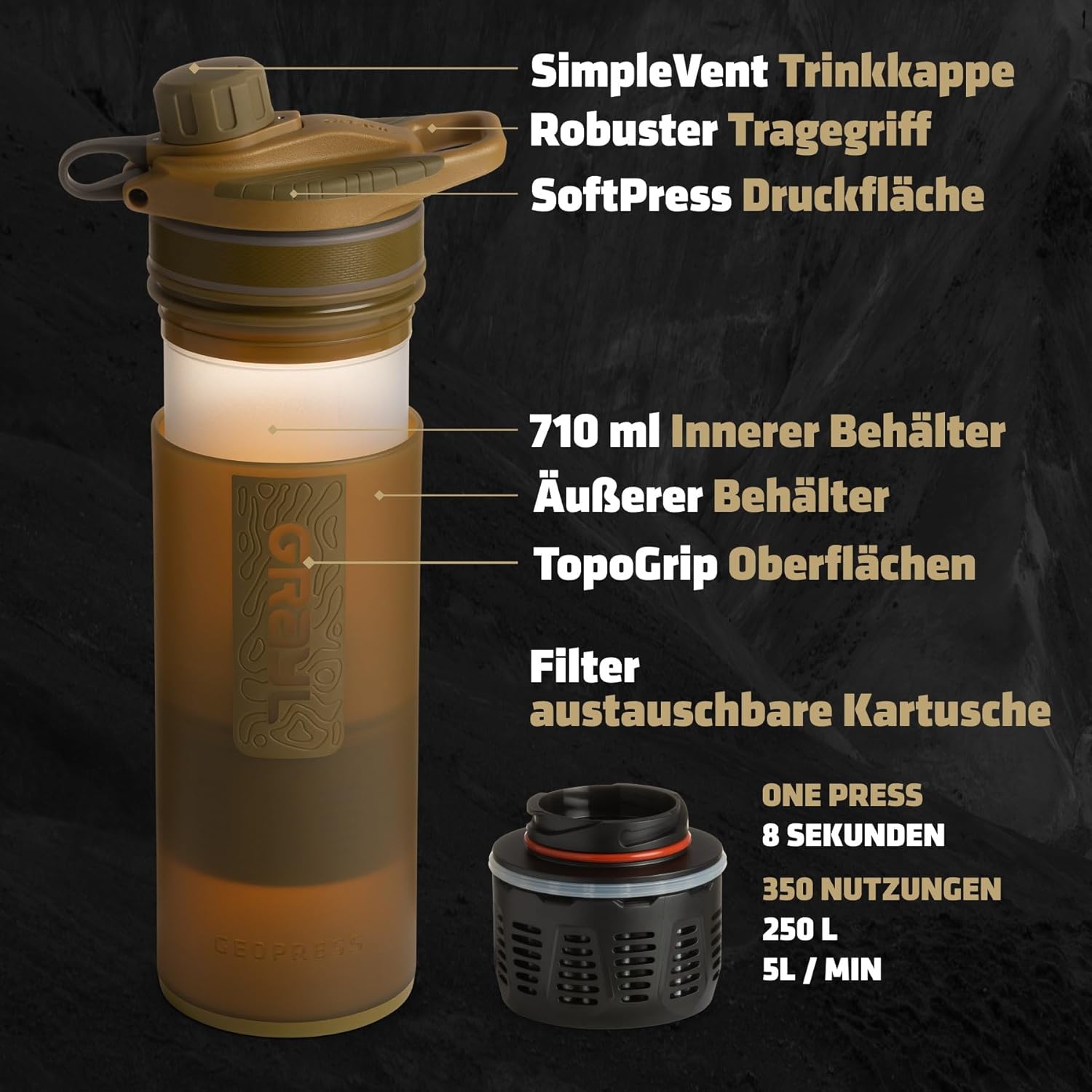 Thumbnail 1 de GRAYL GeoPress 710 ml filtro acqua potabile Coyote Brown