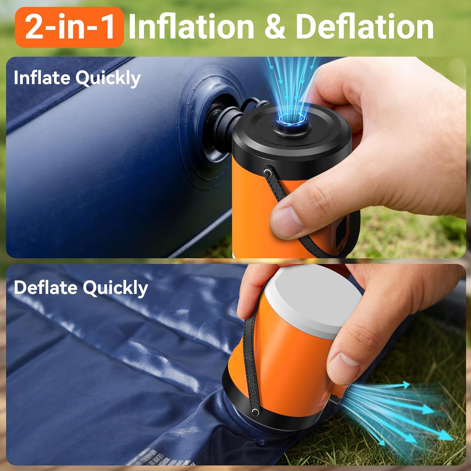 Detalle de YUWEIC Camping Electric Air Pump with Lantern — 18W, 5000mAh, 280L/min, 3 Nozzles