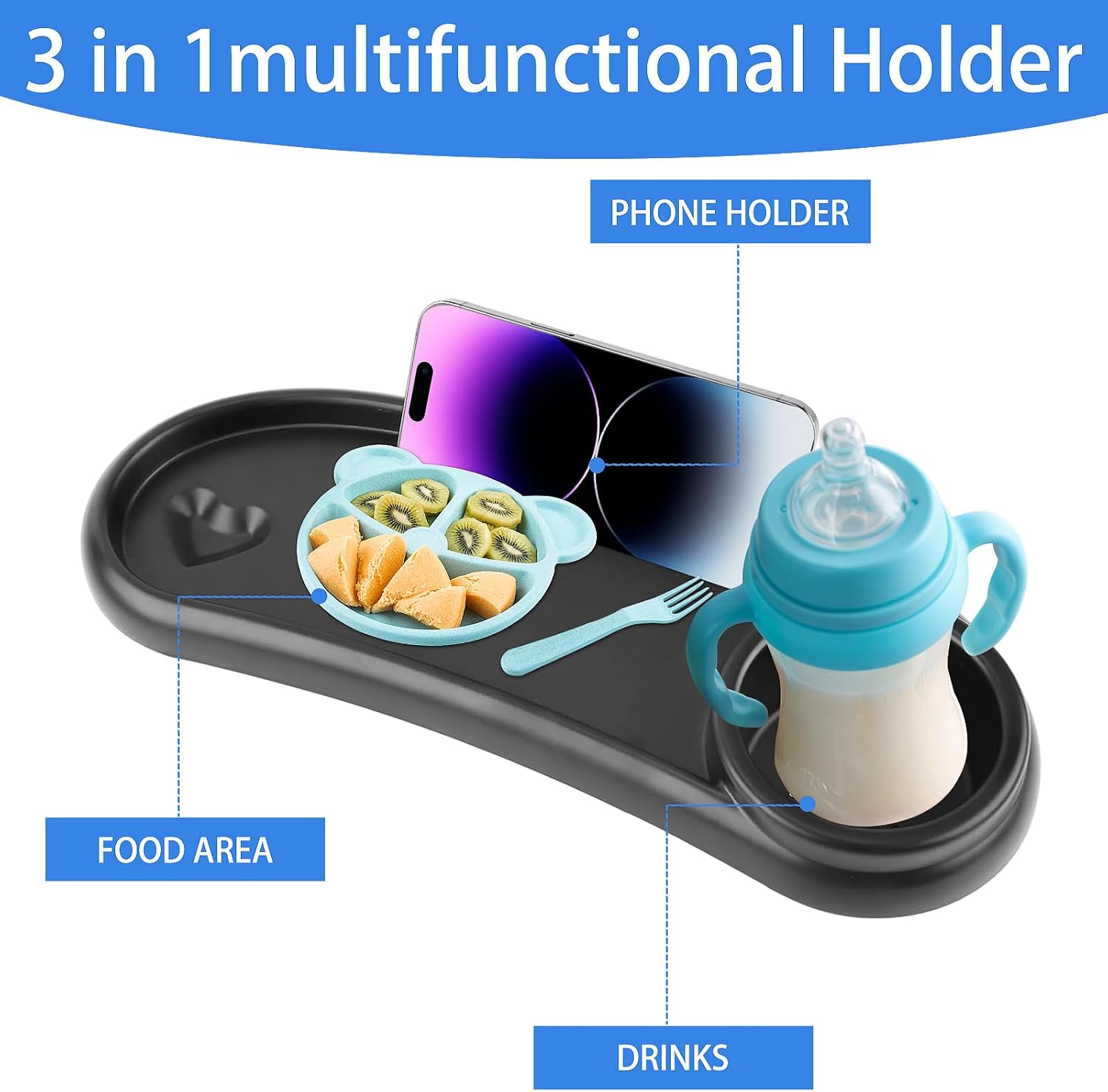 Thumbnail 1 de ROYUEXT 3-in-1 Stroller Snack Tray with Cup Holder – Universal Pram Tray in Black