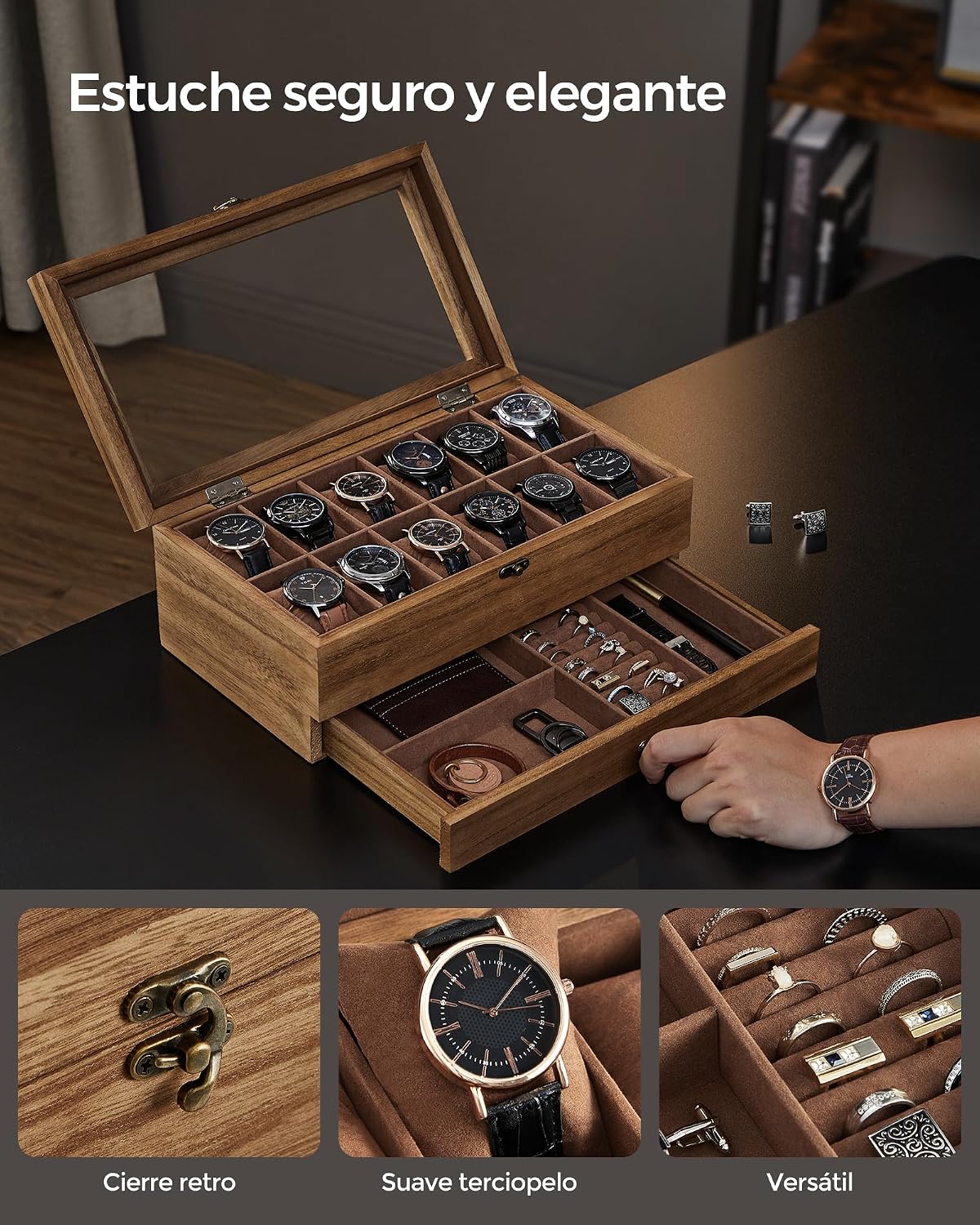 Detalle de SONGMICS Caja de Relojes con 12 Ranuras JOW012K01 – Estuche de Madera de Dos Niveles con Tapa de Cristal