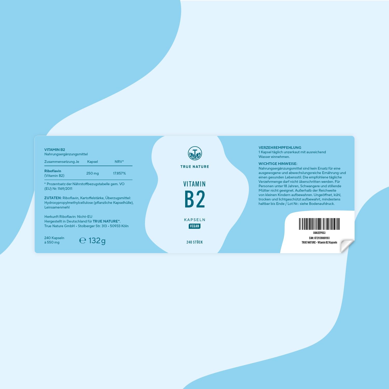 Detalle 2 de Vitamin B2 Riboflavin Hochdosiert 250 mg – 240 Kapseln (Big Pack) | Vegan & Made in Germany
